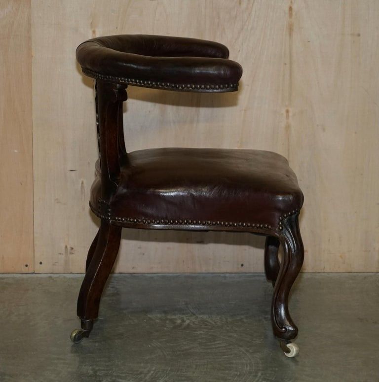 photo buy Fine Antique 1830 William IV Cockfighting Brown Leather Chair Original Castors