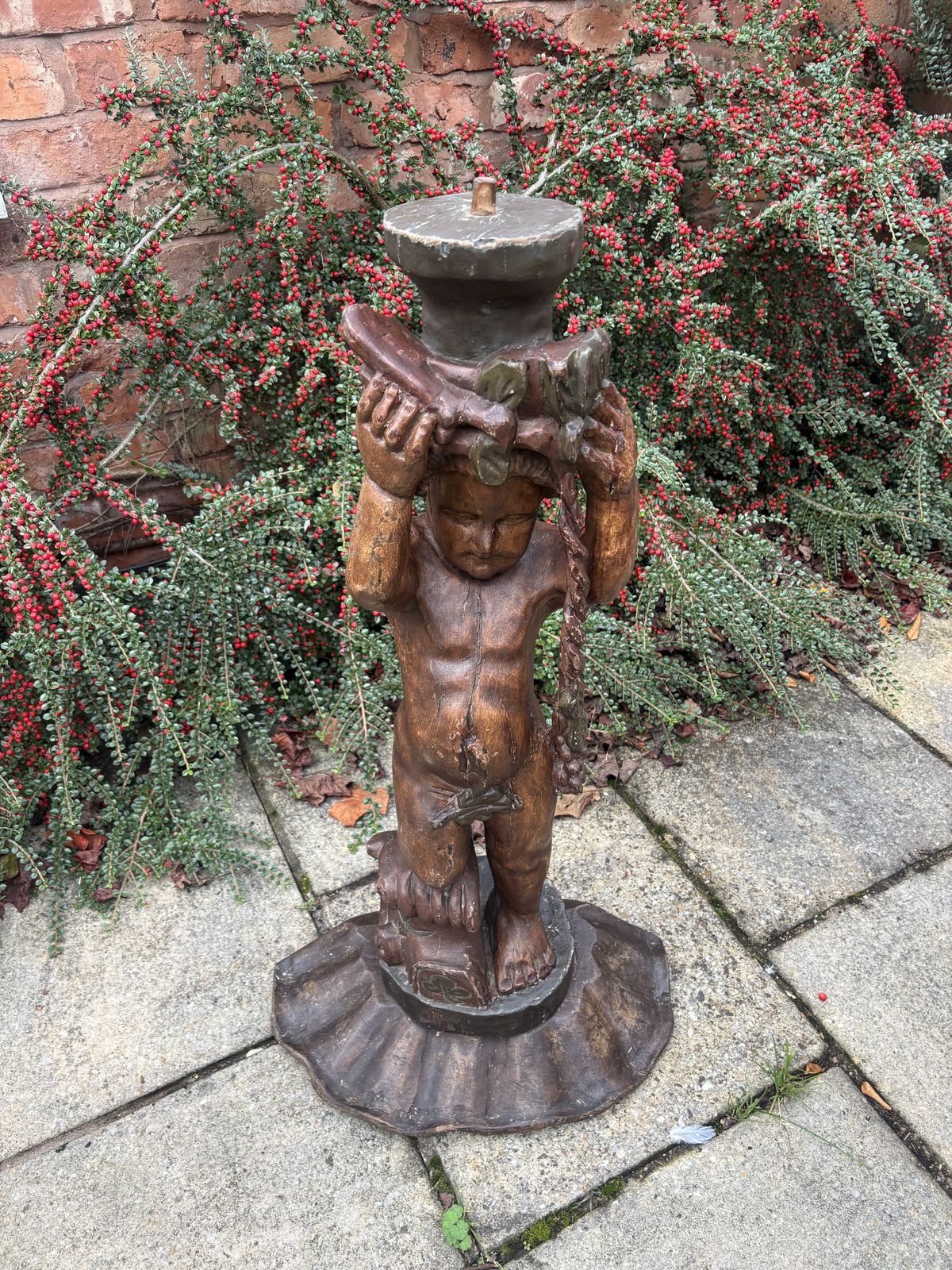 Carved Wooden Cornucpoia Cherub With Shell Traytop