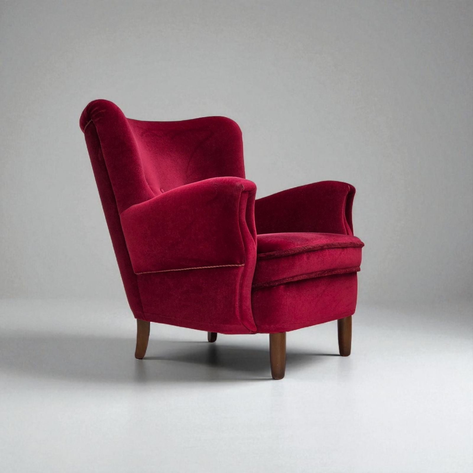 1960s, Danish Armchair, Cherry Red Furniture Velour, Beech Wood Legs.