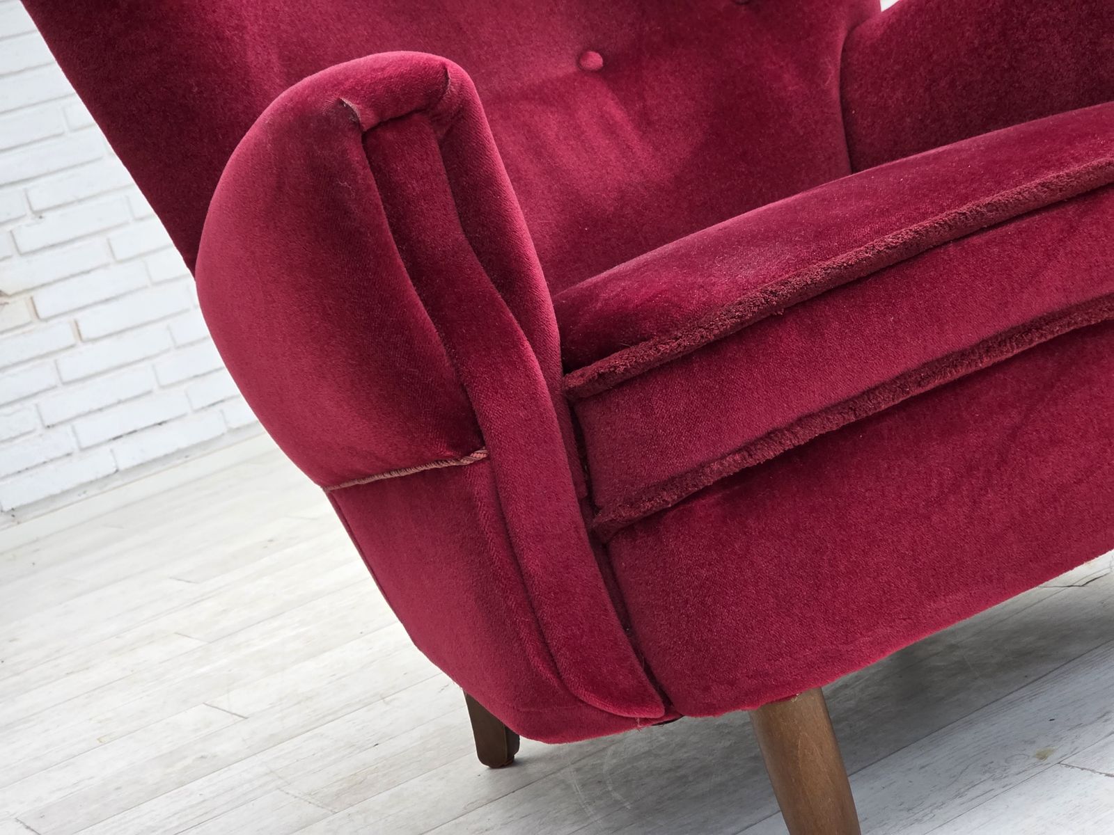 1960s, Danish Armchair, Cherry Red Furniture Velour, Beech Wood Legs. photo Furniture