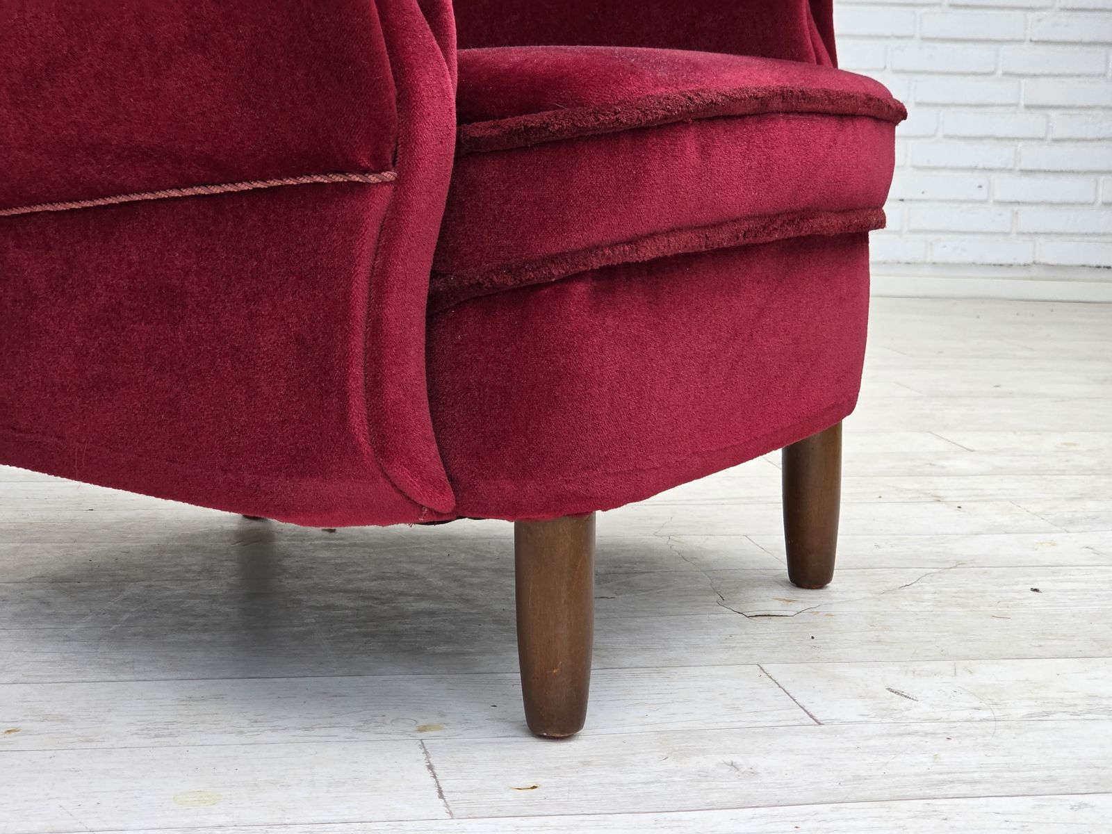 1960s, Danish Armchair, Cherry Red Furniture Velour, Beech Wood Legs. photo vinterior