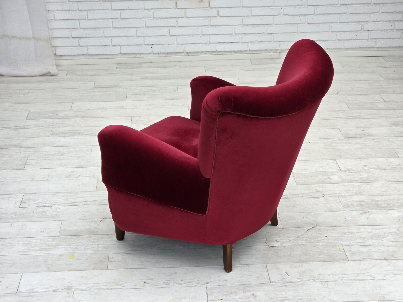 1290.0 1960s, Danish Armchair, Cherry Red Furniture Velour, Beech Wood Legs. photo