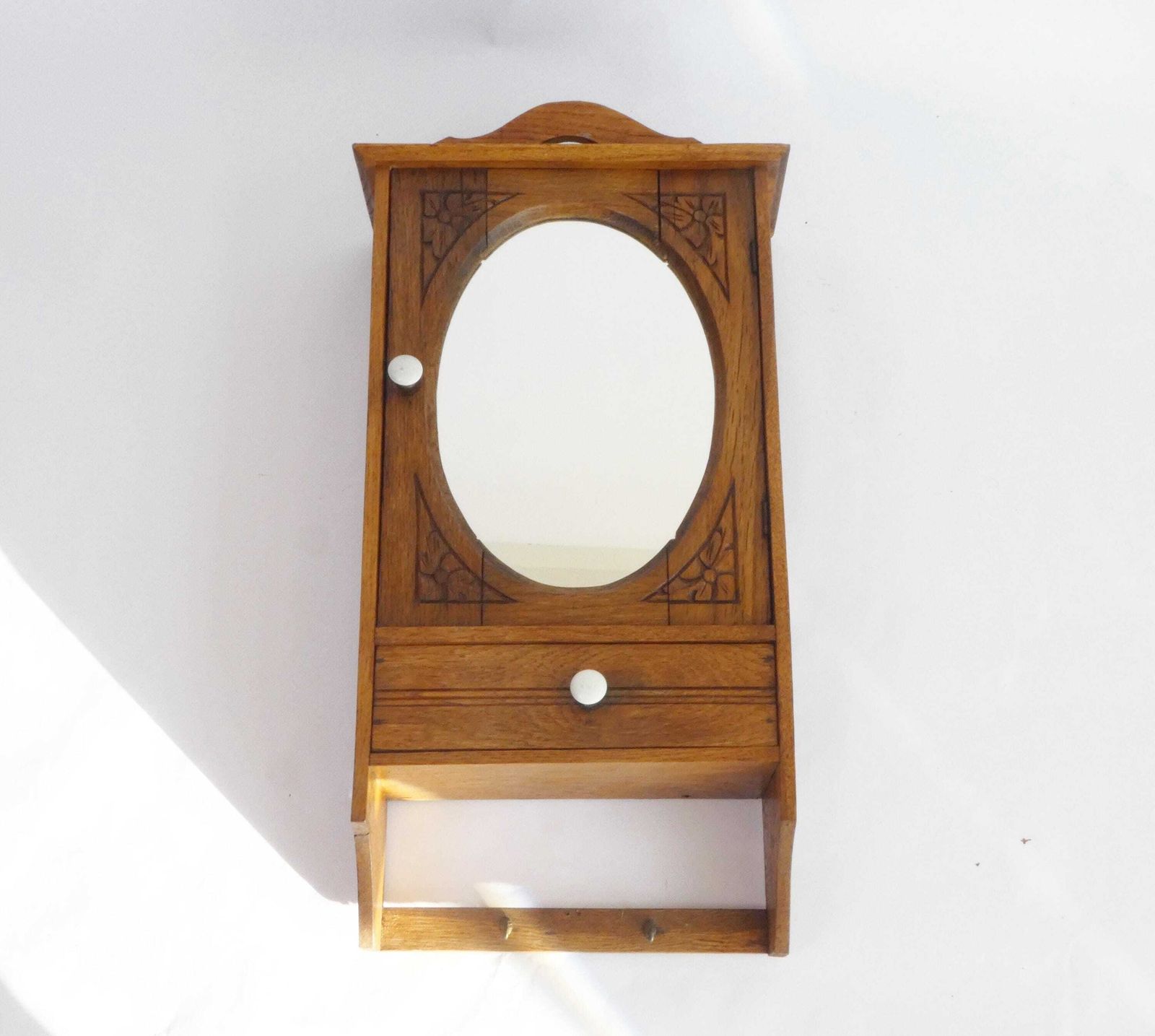 Small Antique Wooden Hanging Cabinet With Oval Mirror And Carved Floral Details, Medicine Apothecary With Drawer And Shelf photo 360.0