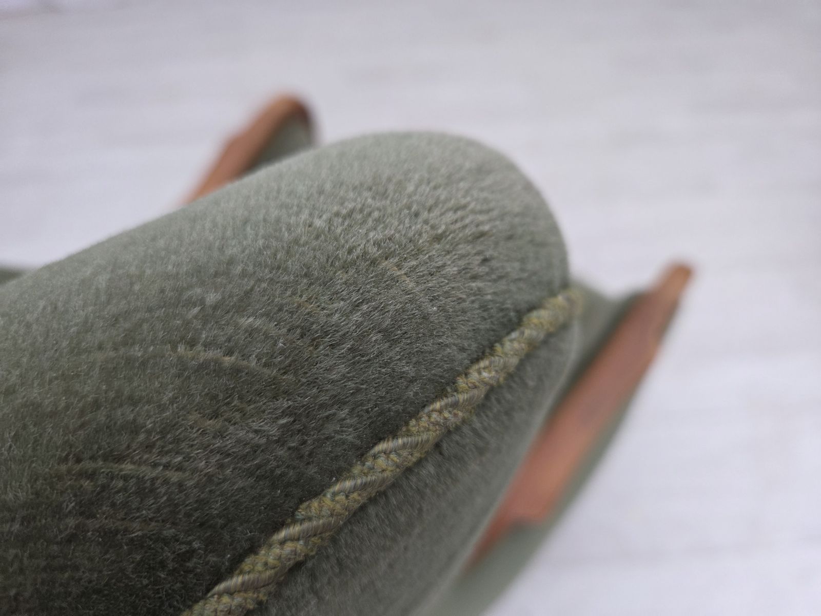 1960s, Danish Highback Armchair, Green Furniture Velour, Teak Wood. photo vintage