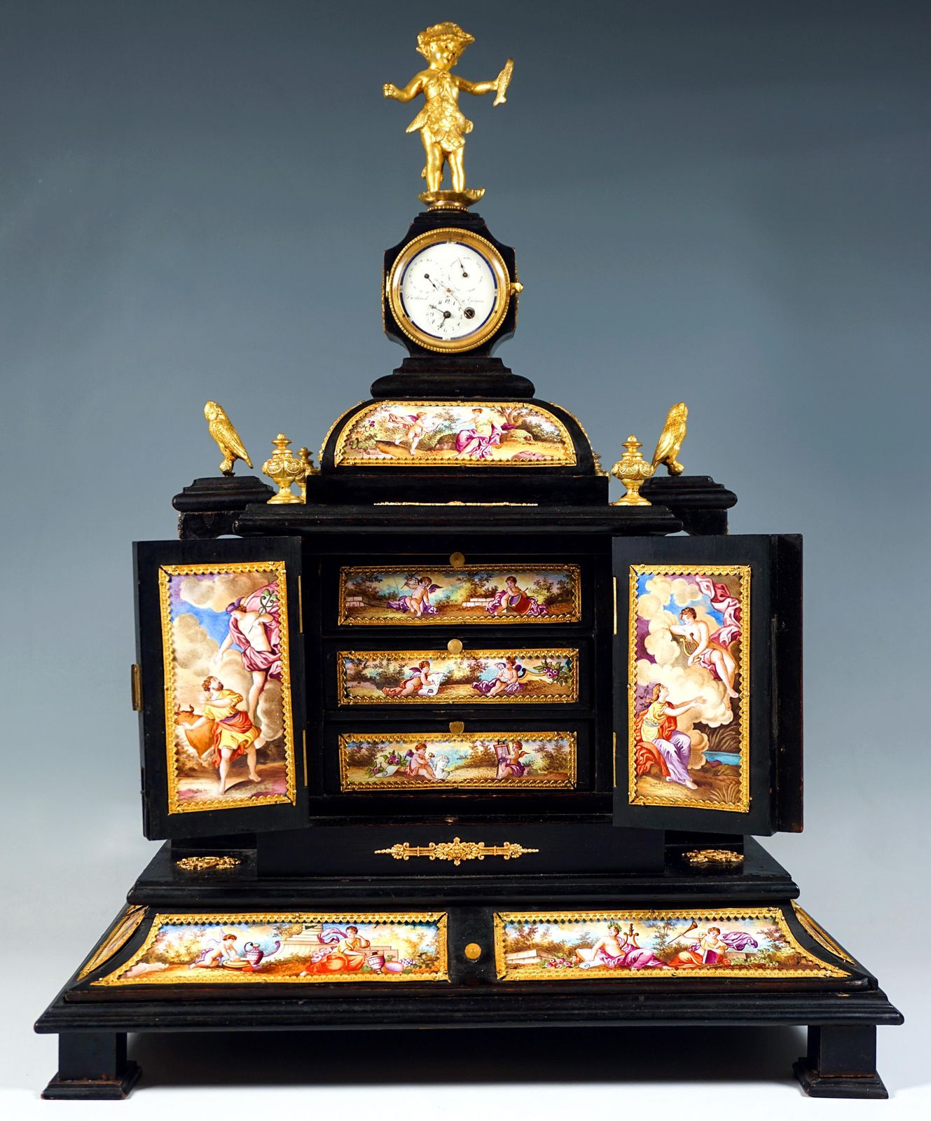 Noble Viennese Jewel Case With Enamel Paintings, Bronze Figures & Clock, Ca 1870 photo furniture