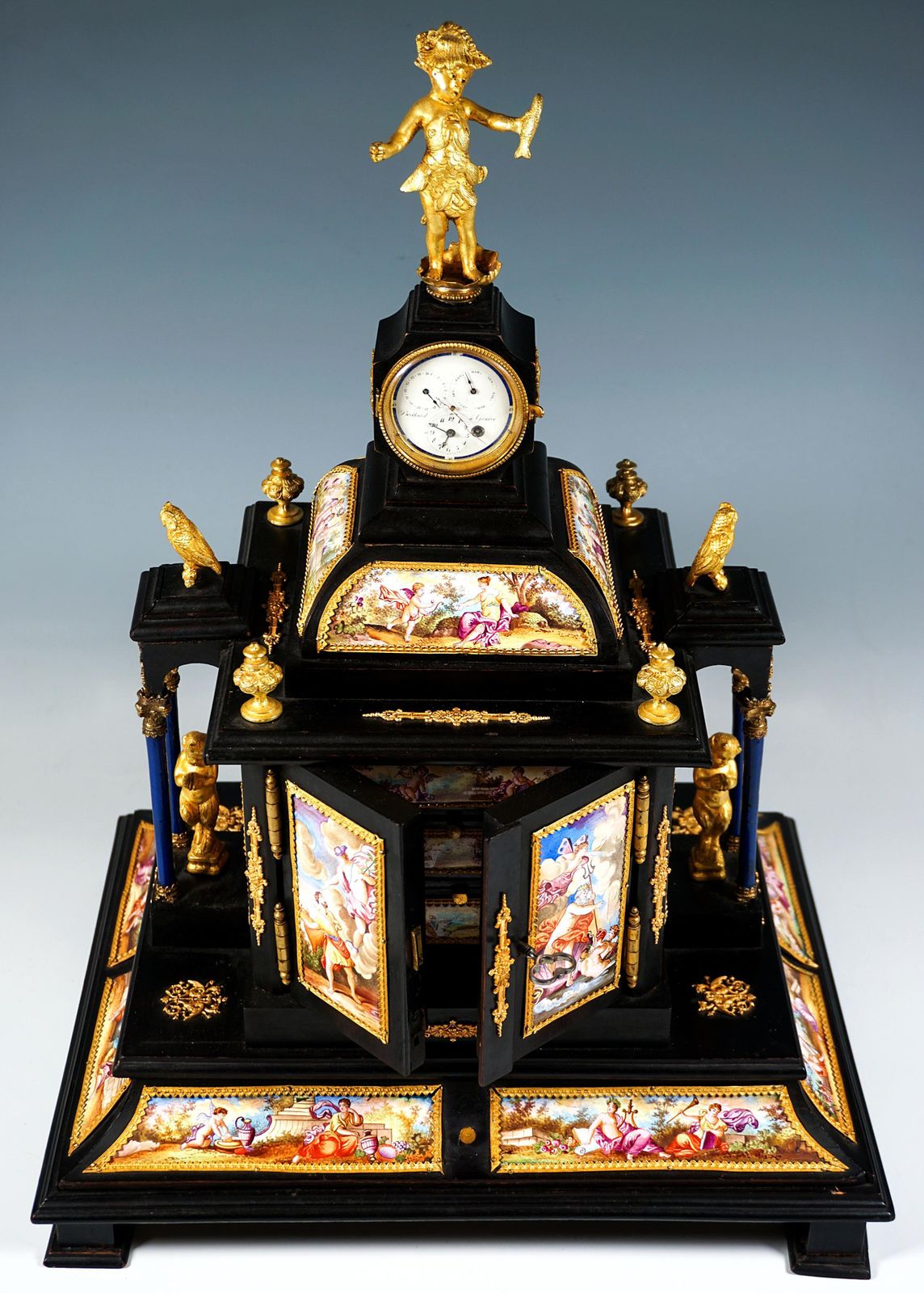 photo vintage Noble Viennese Jewel Case With Enamel Paintings, Bronze Figures & Clock, Ca 1870