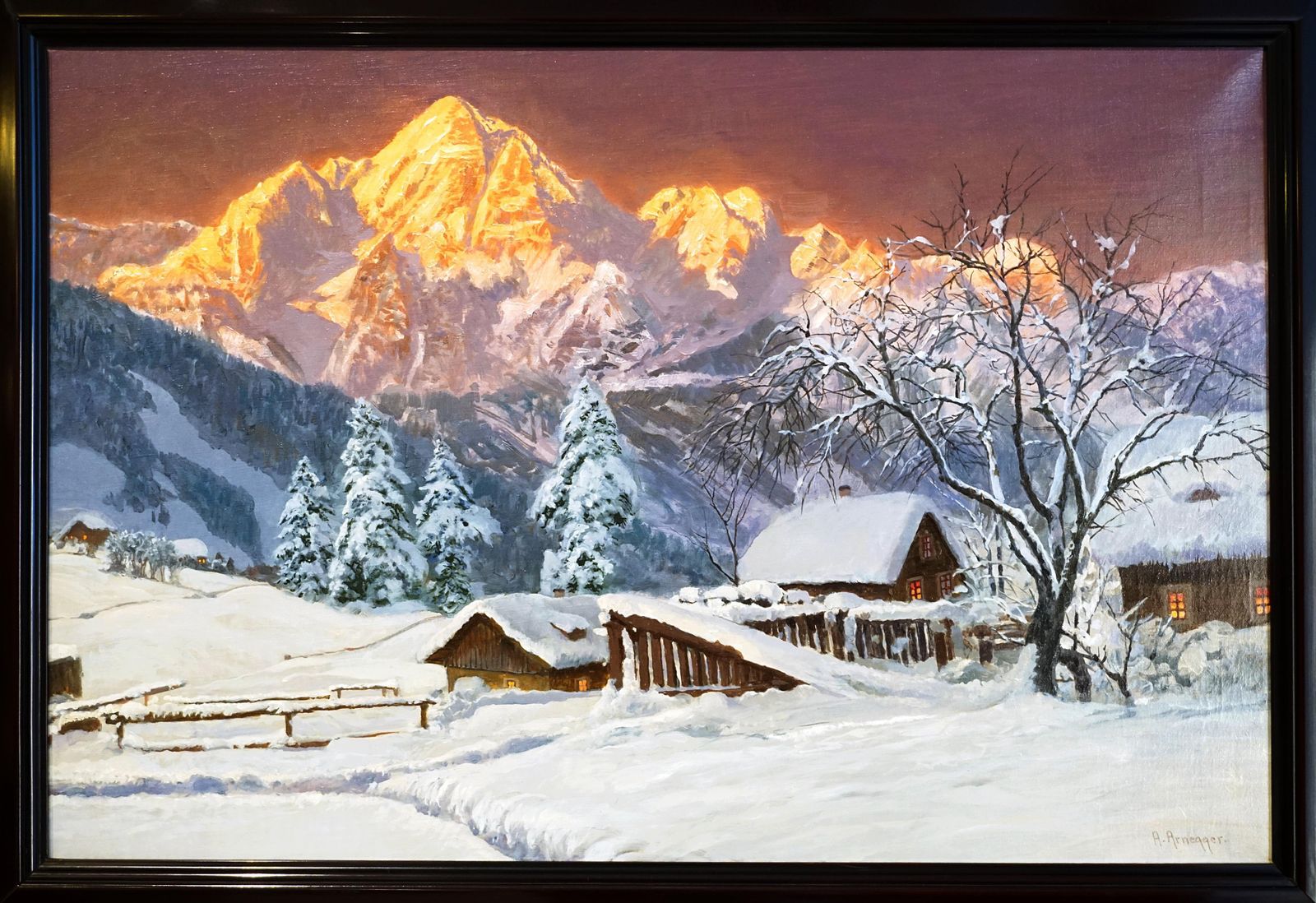 Large Oil Painting, Mountain Range At Dusk, By Alois Arnegger, Austria, Ca 1900 photo Art