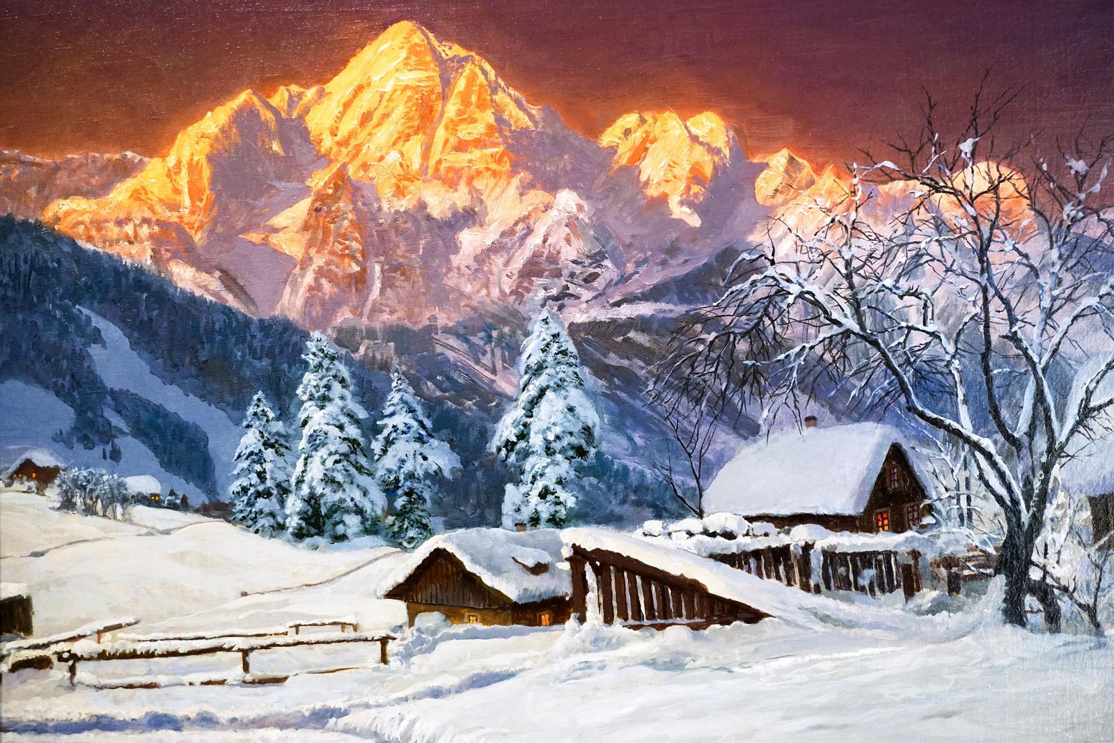 Large Oil Painting, Mountain Range At Dusk, By Alois Arnegger, Austria, Ca 1900 photo 6039.0