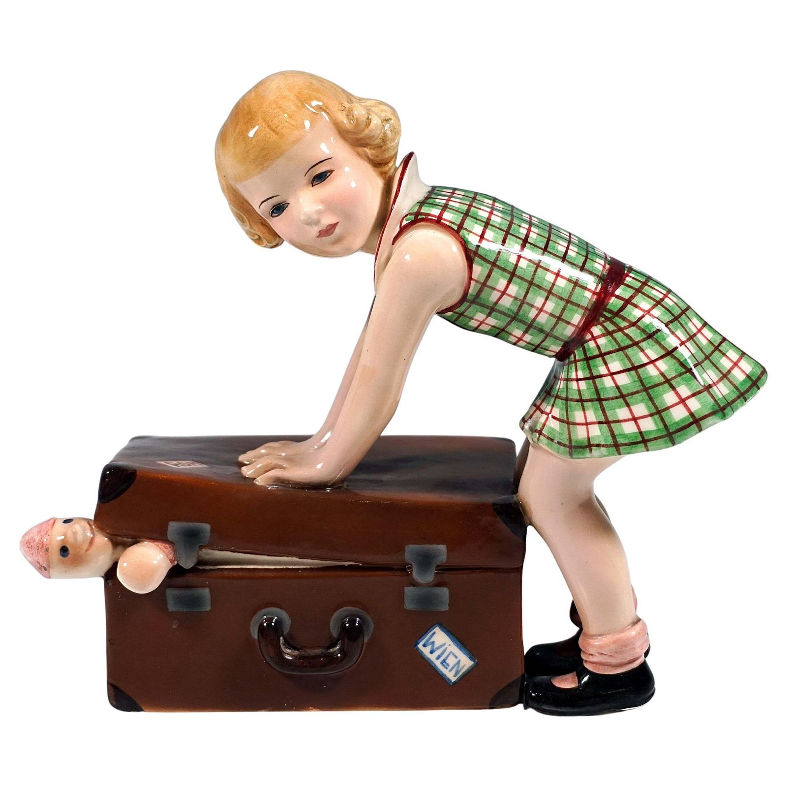 Goldscheider Vienna Figurine, Little Girl Closing A Suitcase, By Dakon, Ca. 1937