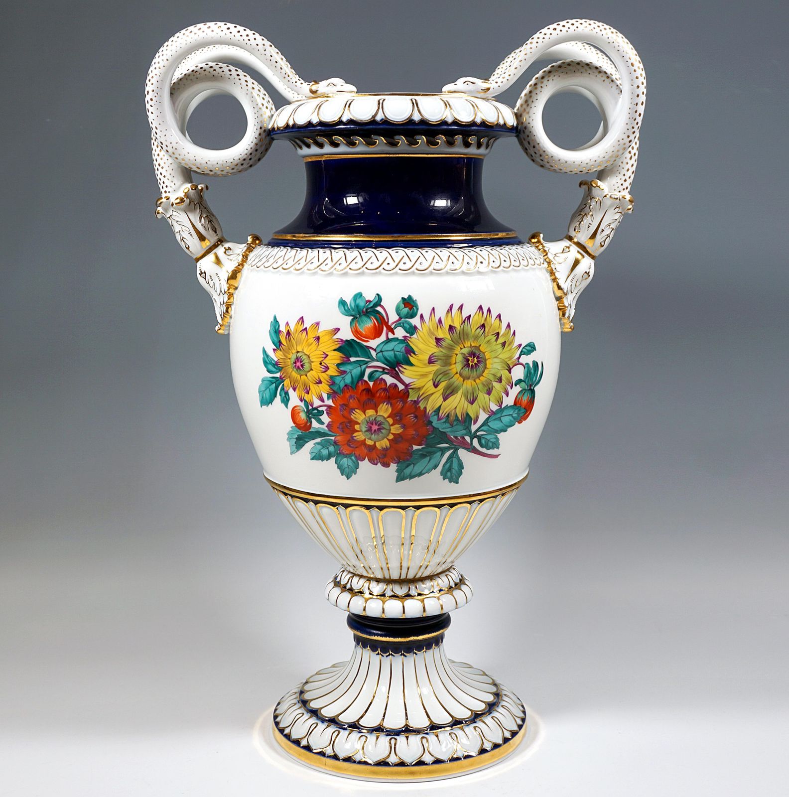 Meissen Snake Handle Vase With Flower Boquet Painting, By Leuteritz, Ca 1880 photo furniture