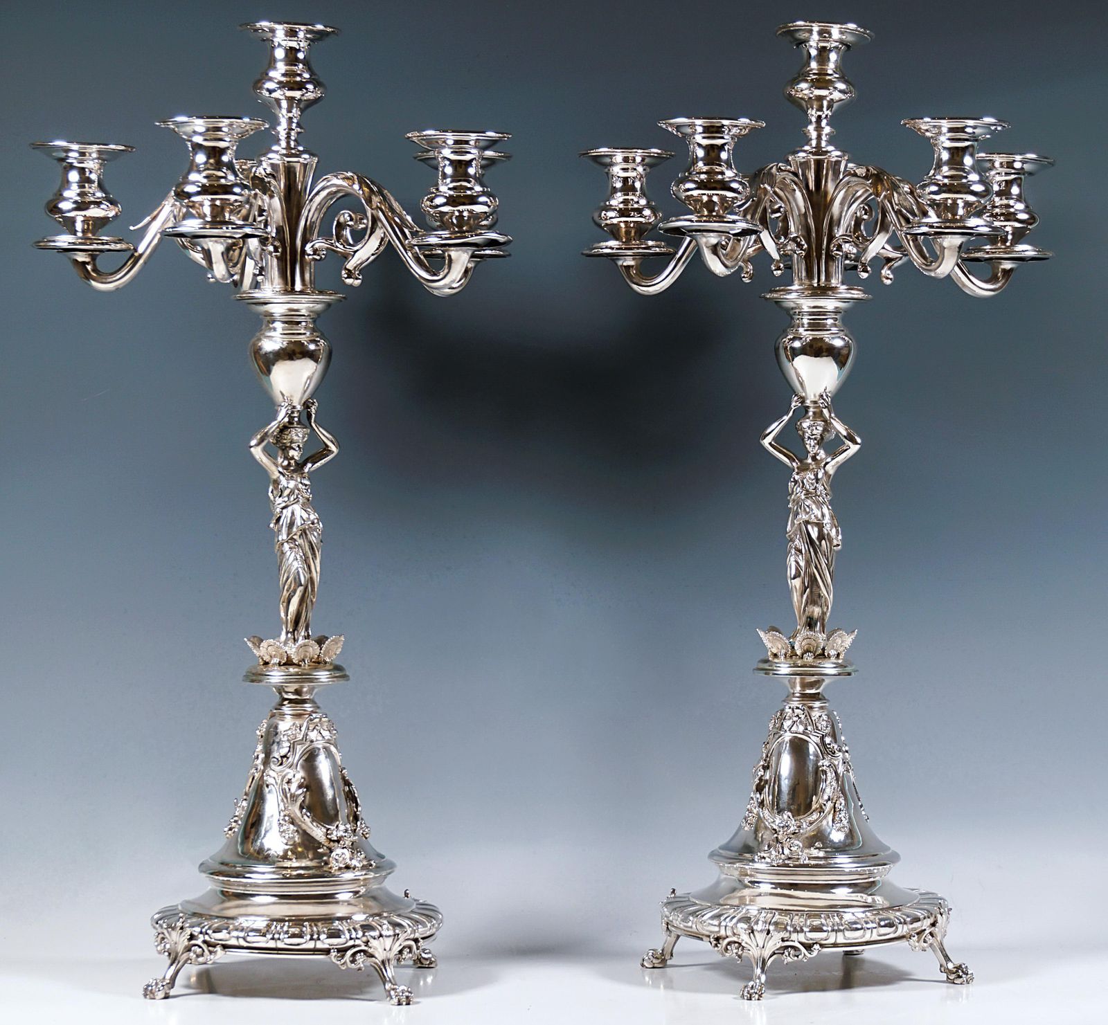 photo for sale Pair Of 6 Flame Art Nouveau Silver Candelabra With Caryatids, Vienna, Ca 1890
