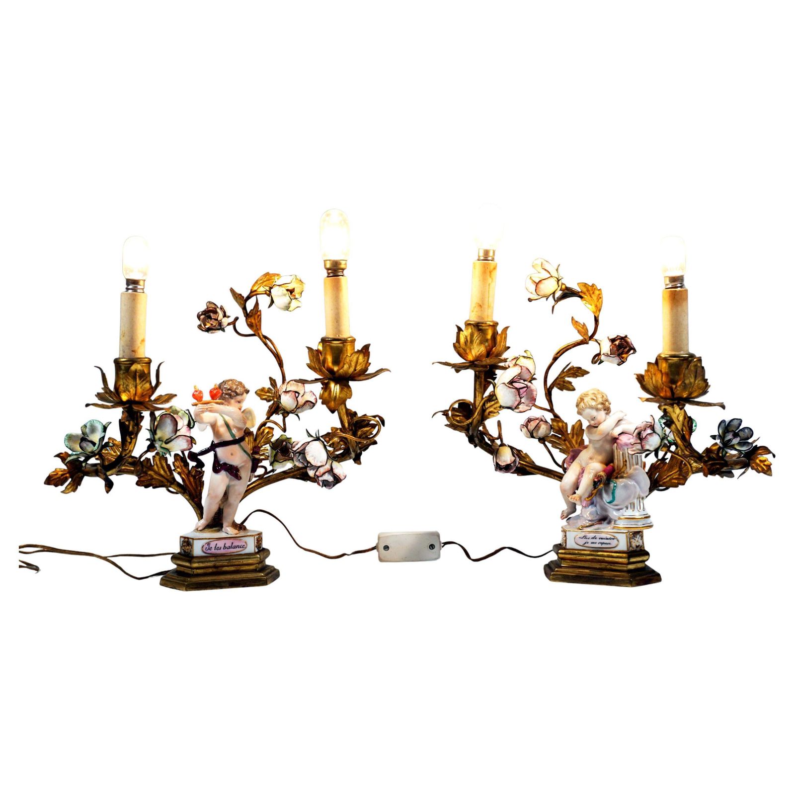 Pair Of Meissen Bronze Table Lamps With Motto Children, By Mv Acier, 1775 1814