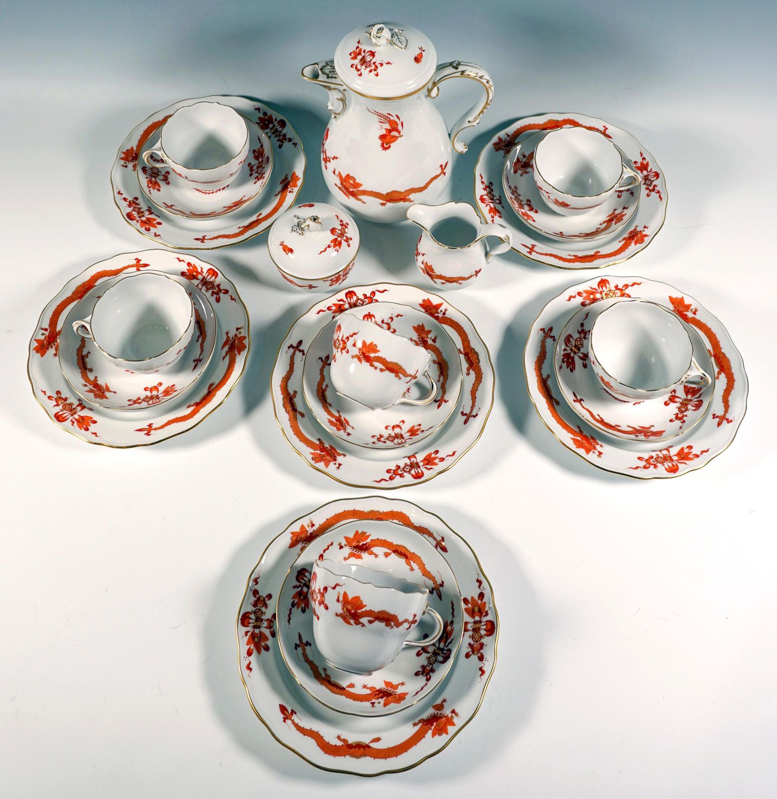 Meissen Coffee Set For 6 Persons Rich Dragon Red & Gold, 20th Century photo furniture
