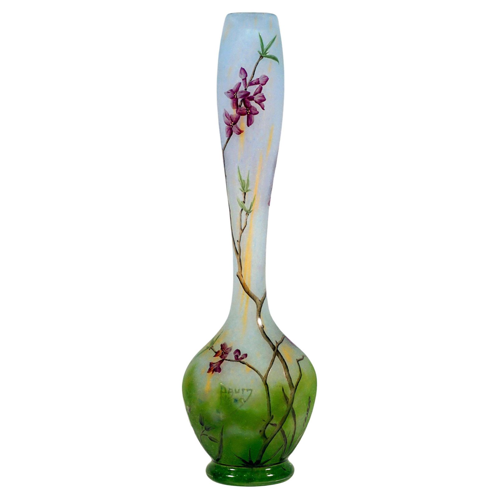 Art Nouveau Cameo Long Neck Vase With Daphne Decor, Daum Nancy, France, 1910/15