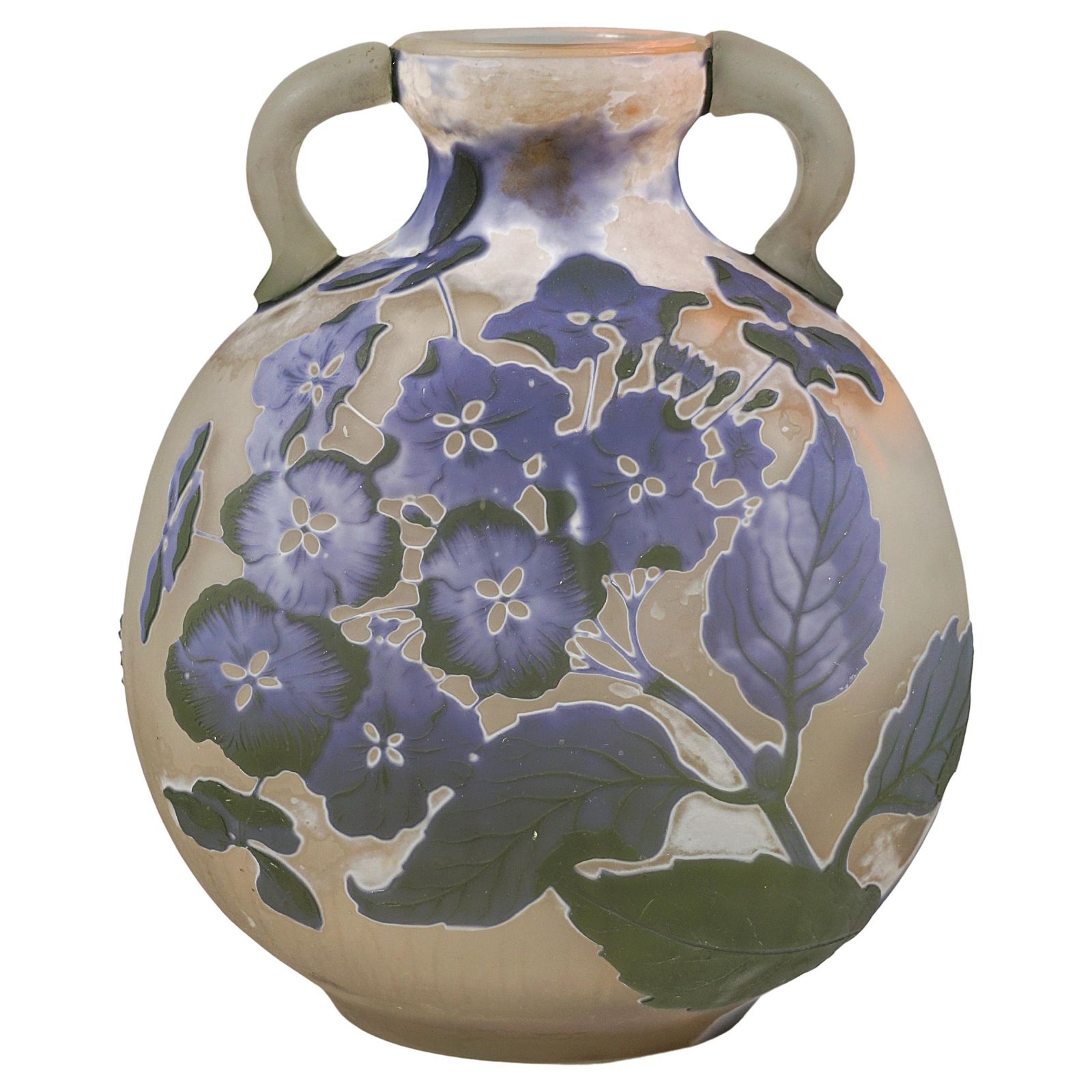 émile Gallé Round Art Nouveau Cameo Handle Vase With Hydrangea Decor France 1905