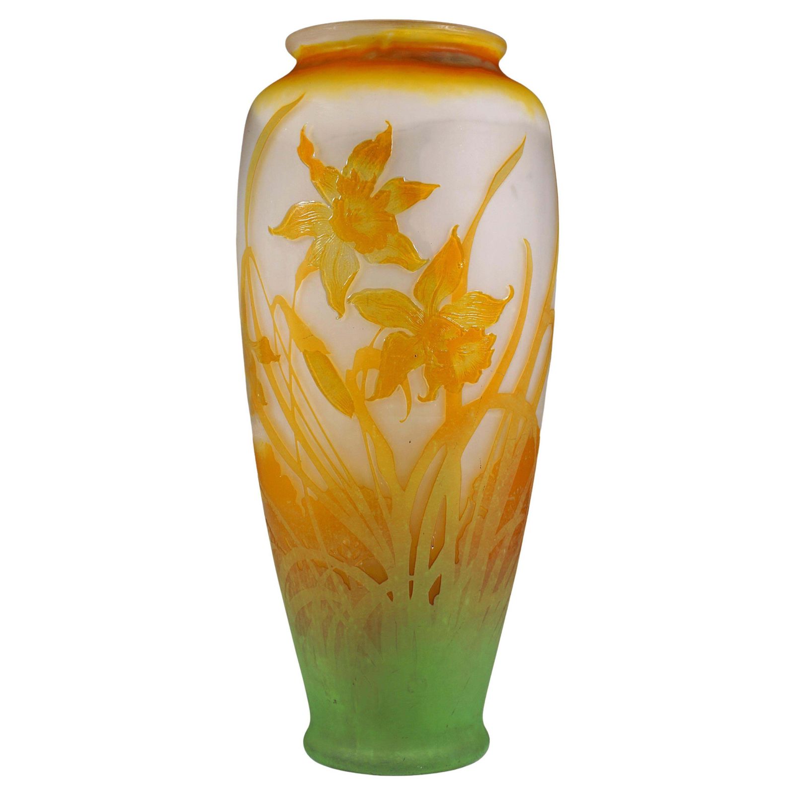 Large émile Gallé Art Nouveau Cameo Vase With Daffodil Decor, France, Ca 1904