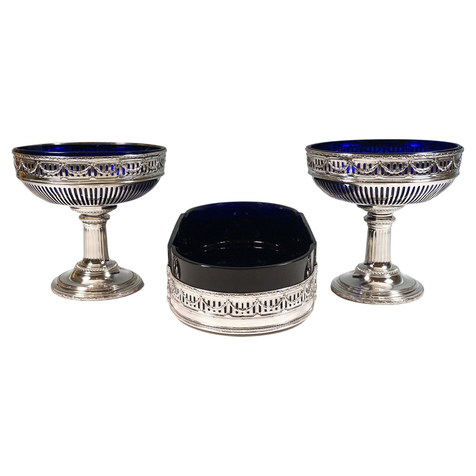 3 Piece Silver Art Nouveau Centerpiece With Blue Glass Inserts, France Ca 1905
