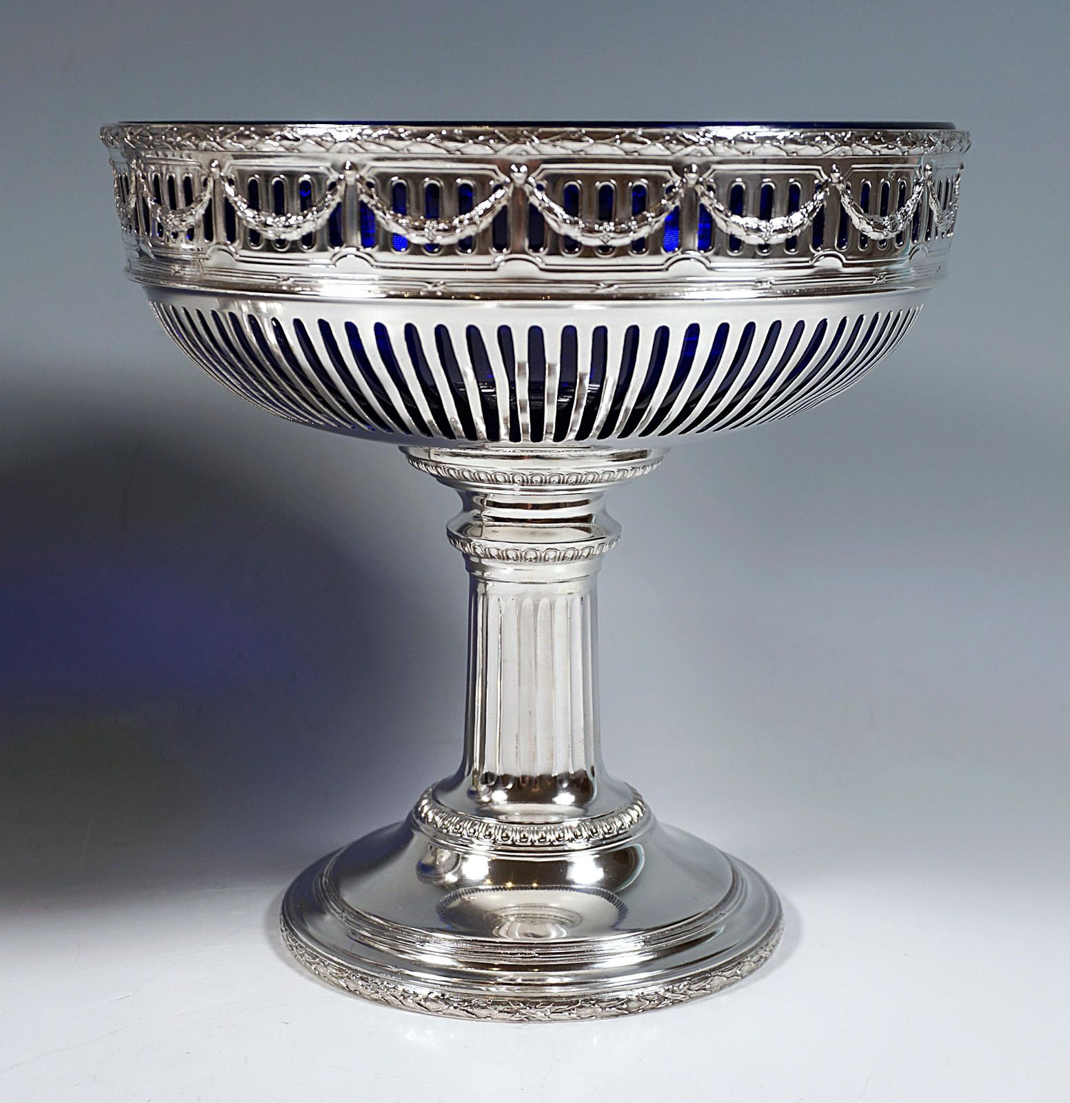 3 Piece Silver Art Nouveau Centerpiece With Blue Glass Inserts, France Ca 1905 photo vinterior