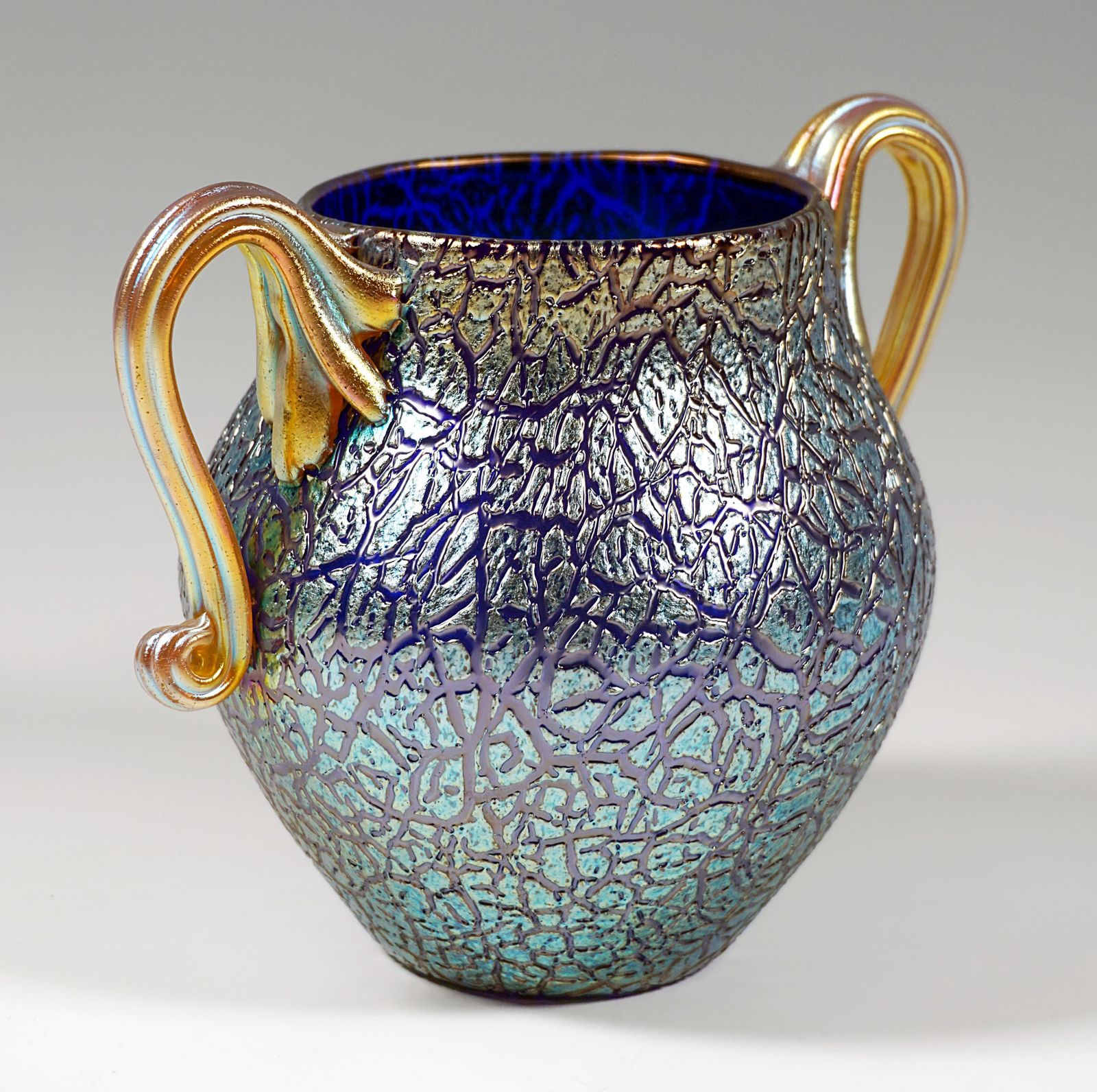 Loetz Art Nouveau Vase Cobalt Mimosa With 2 Handles, Austria Hungary, Circa 1909 photo furniture