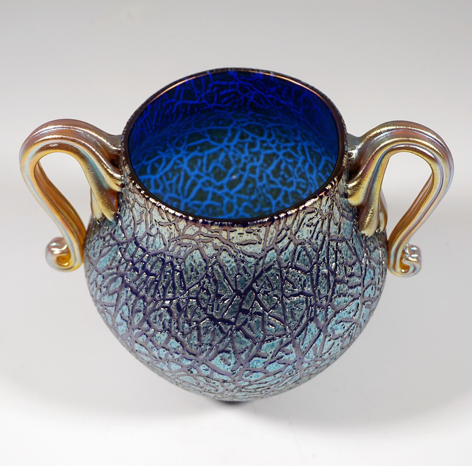 Loetz Art Nouveau Vase Cobalt Mimosa With 2 Handles, Austria Hungary, Circa 1909 photo for sale