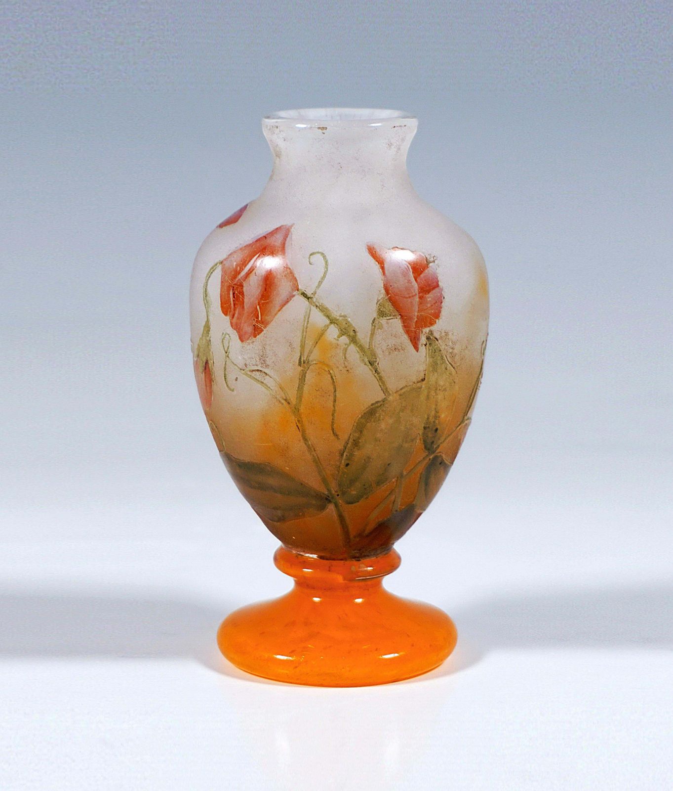 Daum Nancy Art Nouveau Cameo Vase Glass With Sweat Pea Decor, France, Ca 1910 photo for sale