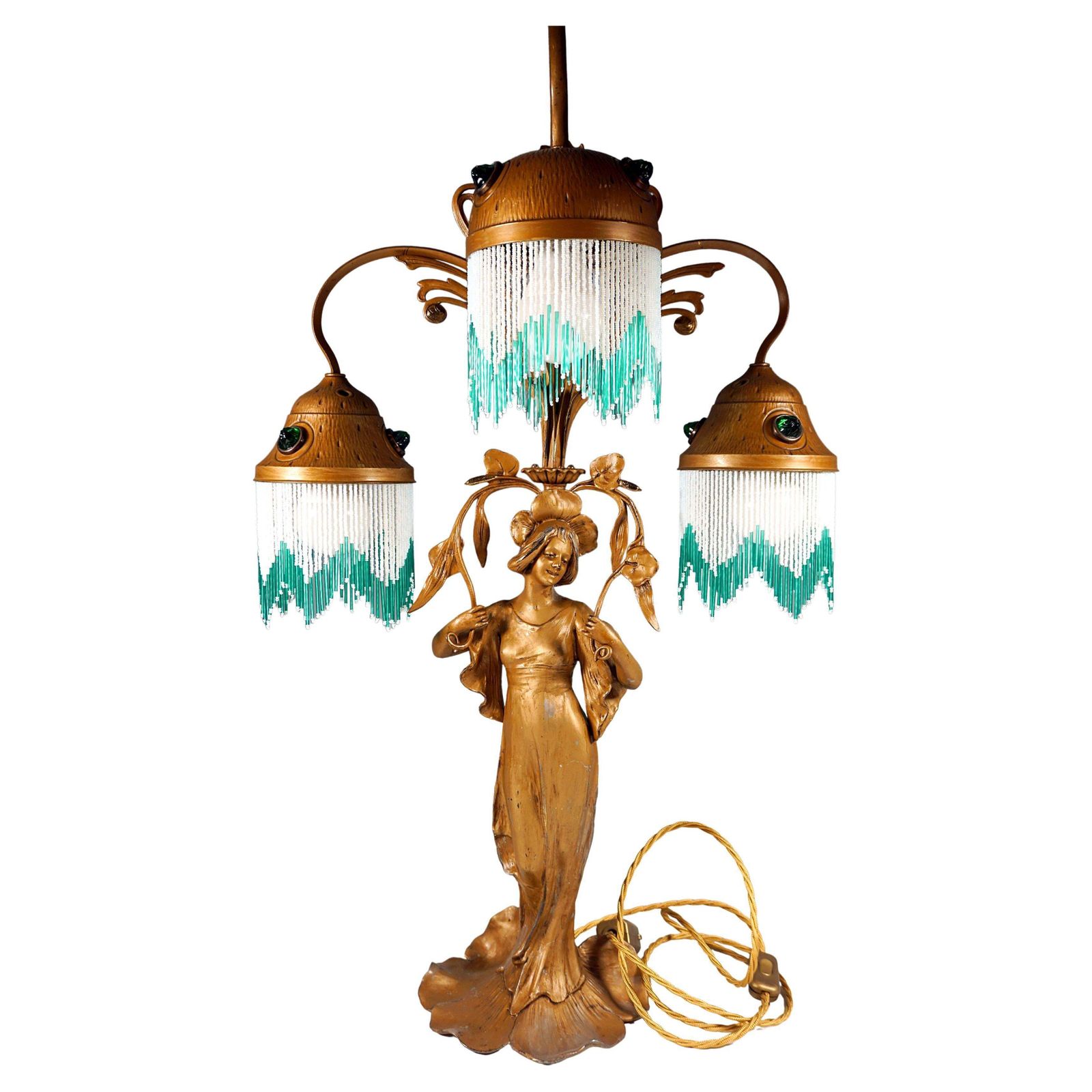 Tall Art Nouveau 3 Lights Table Lamp 'Flora', France, Around 1900