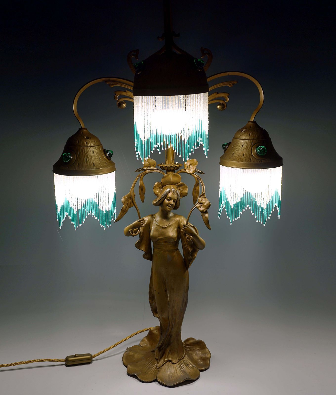 Tall Art Nouveau 3 Lights Table Lamp 'Flora', France, Around 1900 photo 4263.0