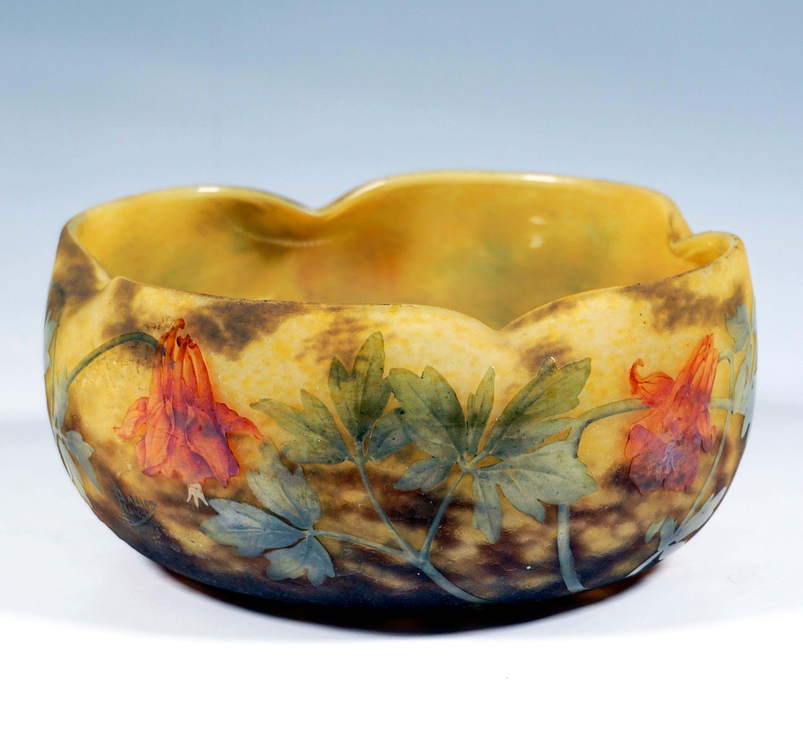 Large Art Nouveau Flower Bowl With Columbine Decor, Daum Nancy, France, Ca 1910 photo furniture