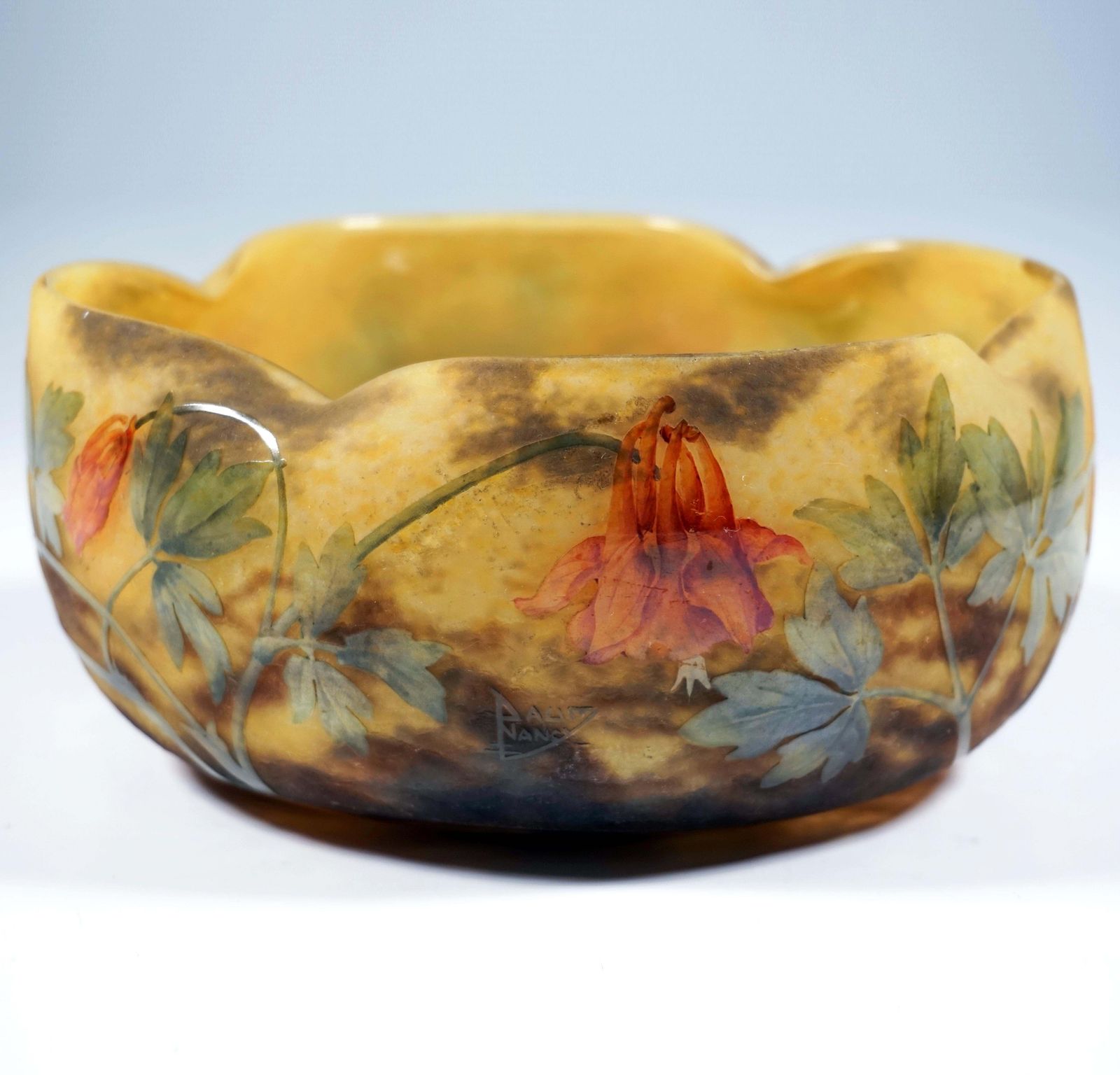 Large Art Nouveau Flower Bowl With Columbine Decor, Daum Nancy, France, Ca 1910 photo Home Decor