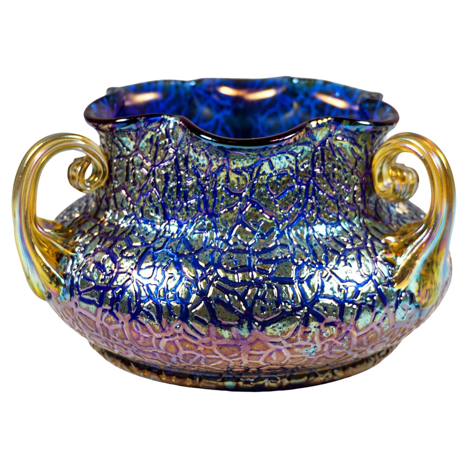 Loetz Art Nouveau Vase Cobalt Mimosa With 3 Handles, Austria Hungary, Circa 1911