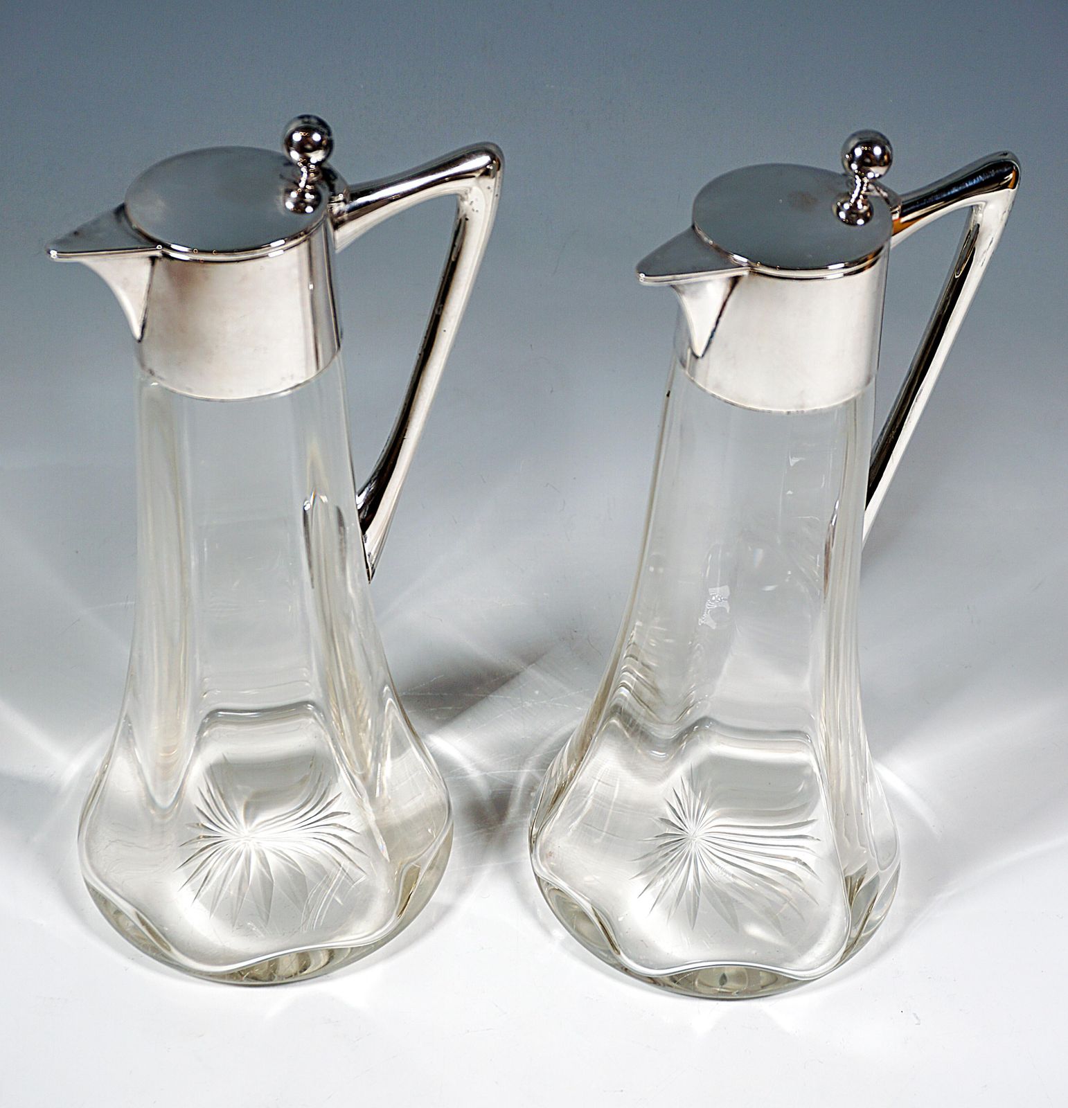 Pair Of Art Nouveau Glass Decanter With Silver Fittings, Wilhelm Binder, Germany photo for sale