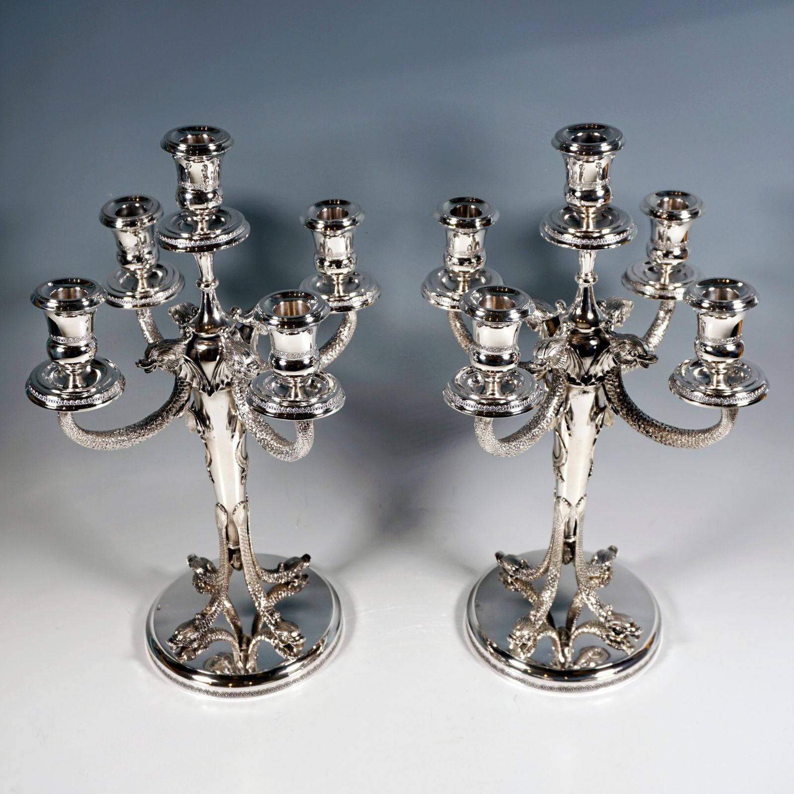 Pair Of 5 Flame Silver Candelabra With Dolphin Arms, Belgium Around 1950 photo furniture