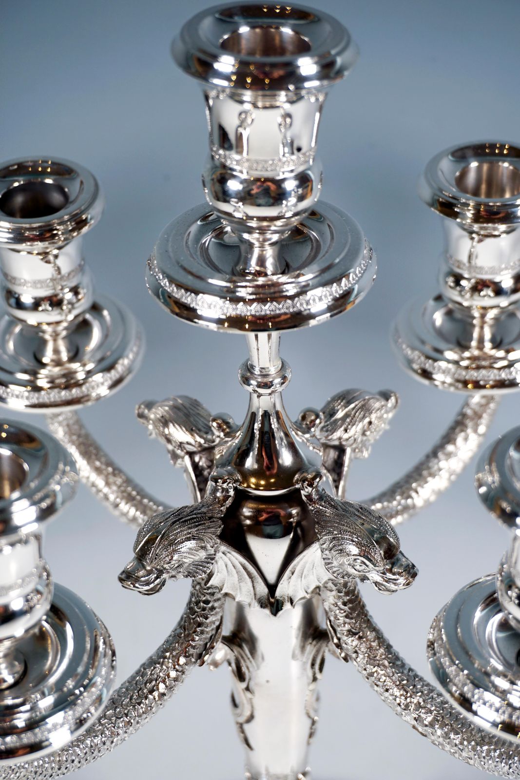 Pair Of 5 Flame Silver Candelabra With Dolphin Arms, Belgium Around 1950 photo 11000.0