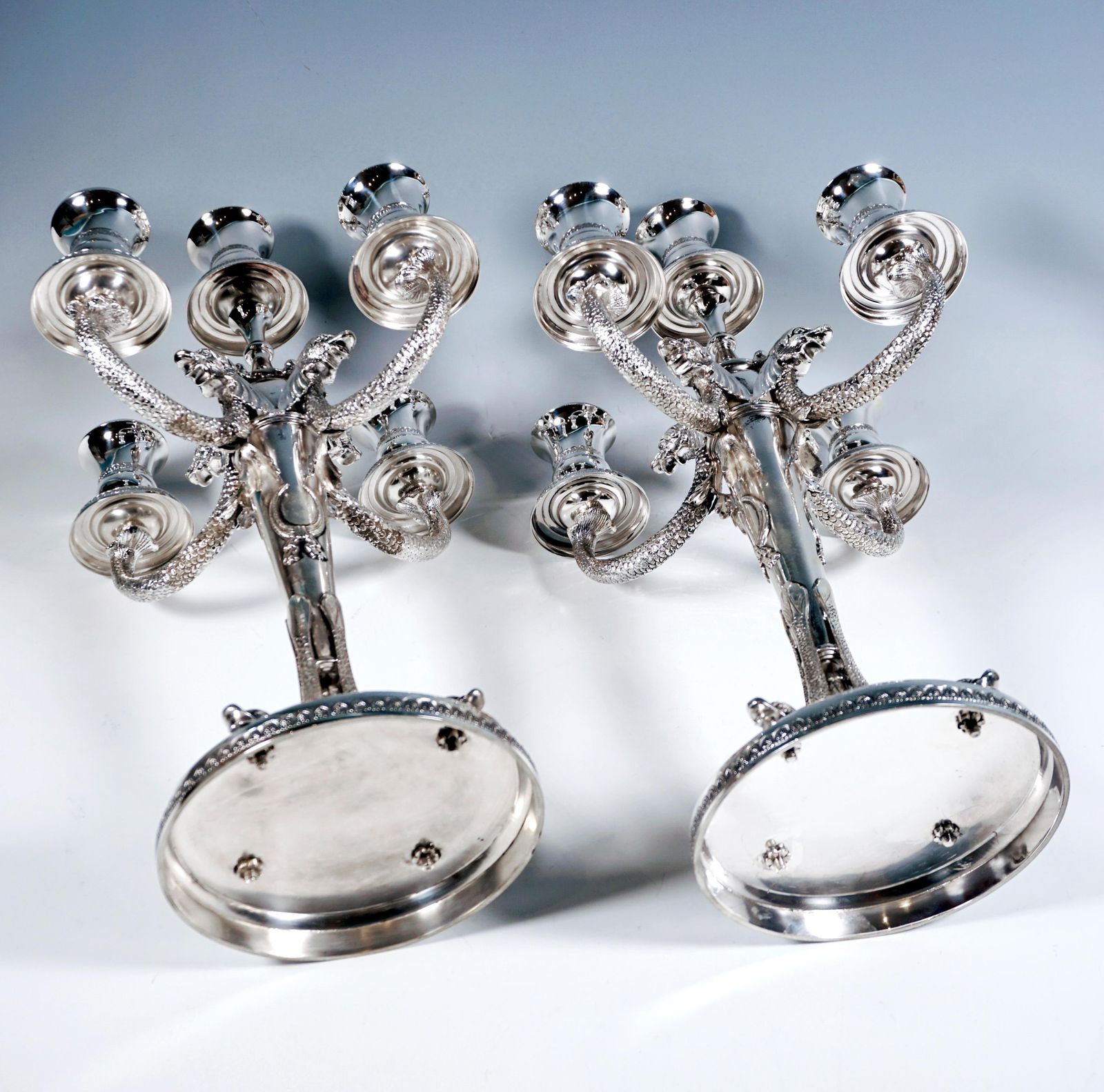 Pair Of 5 Flame Silver Candelabra With Dolphin Arms, Belgium Around 1950 photo vintage
