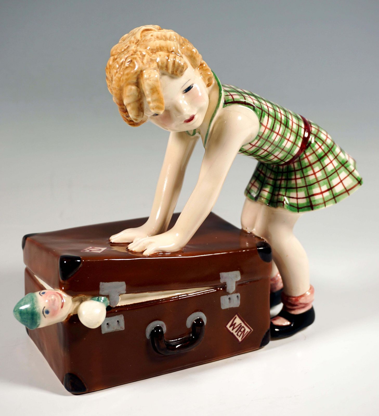 Goldscheider Vienna Child Figurine, Little Girl With Suitcase, By Dakon, C. 1937 photo furniture