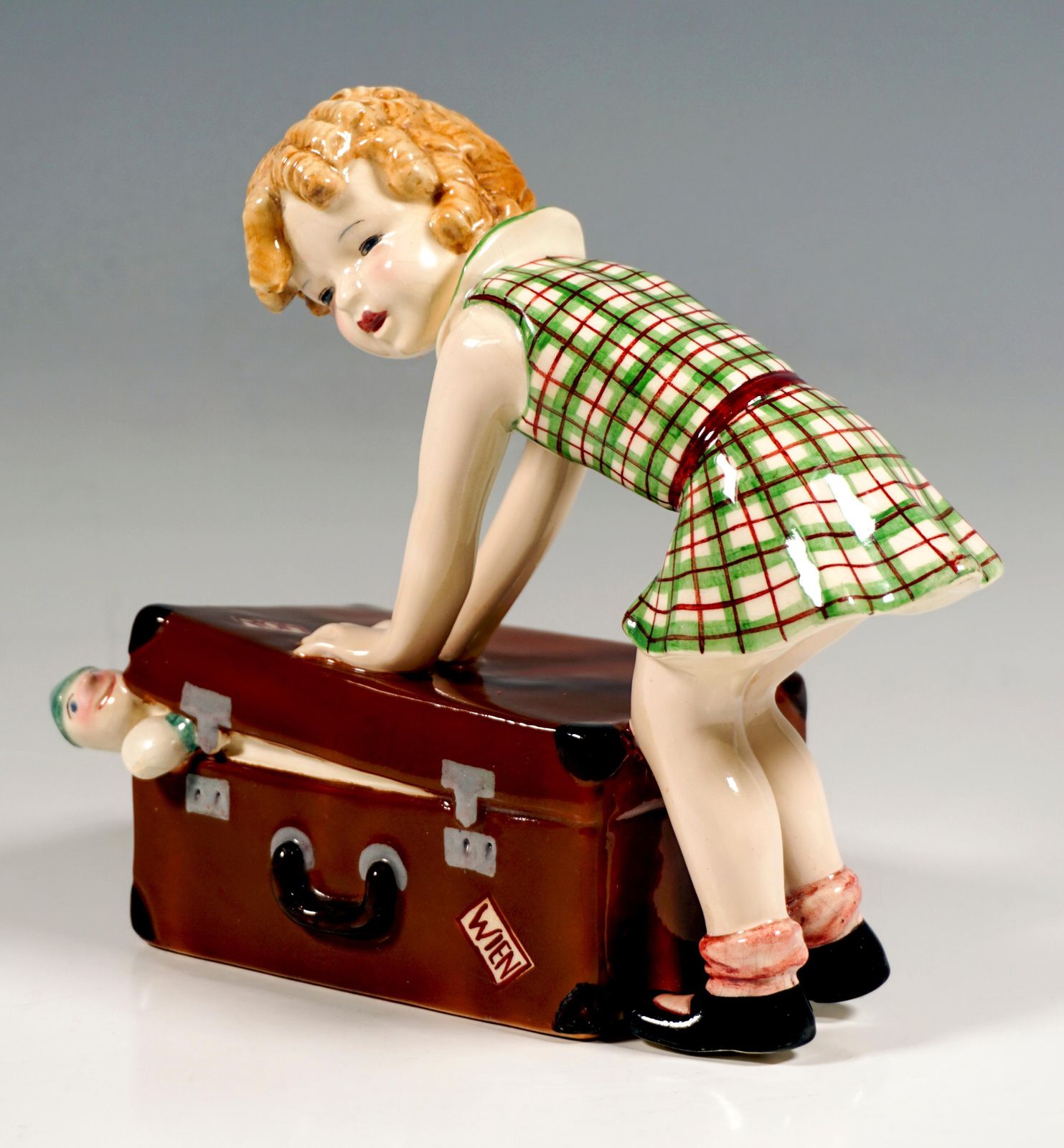 Goldscheider Vienna Child Figurine, Little Girl With Suitcase, By Dakon, C. 1937 photo 4130.0