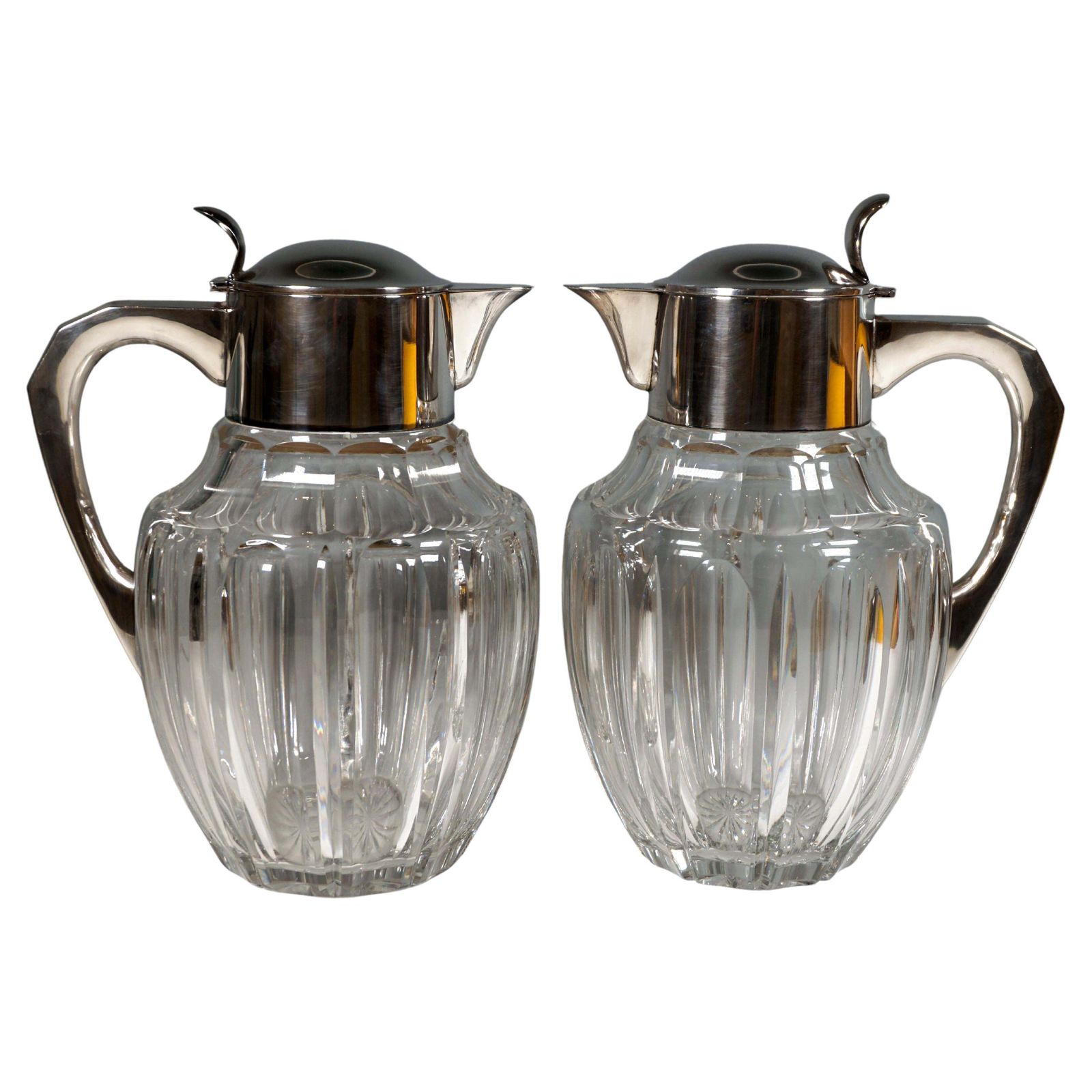 Pair Of Large Glass Carafes With Silver Mounts, Gebrüder Deyhle, Germany C. 1910