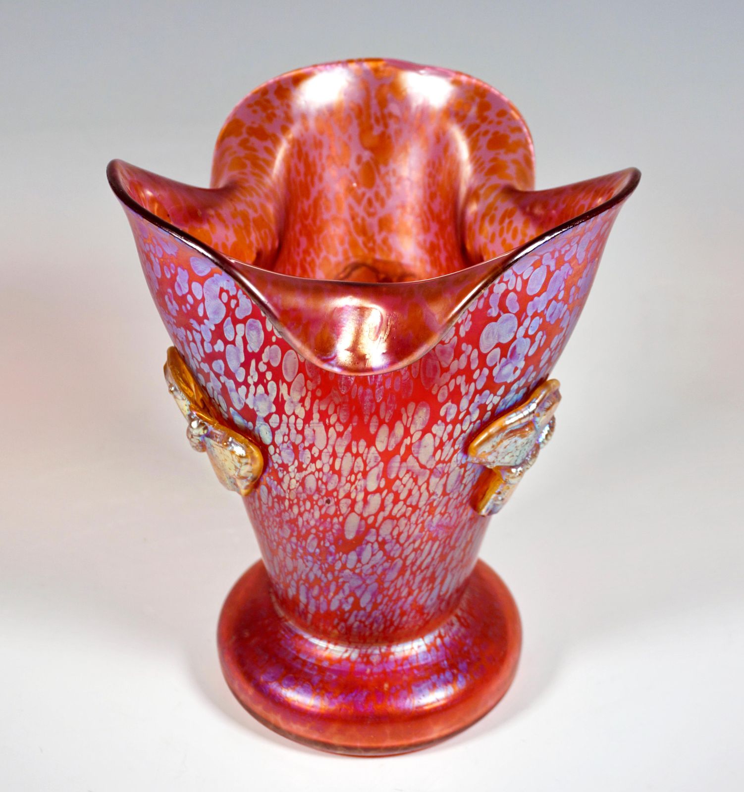 Loetz Art Nouveau Vase Camelia Red Papillon With Applied Butterflies, Ca 1900 photo Home Decor