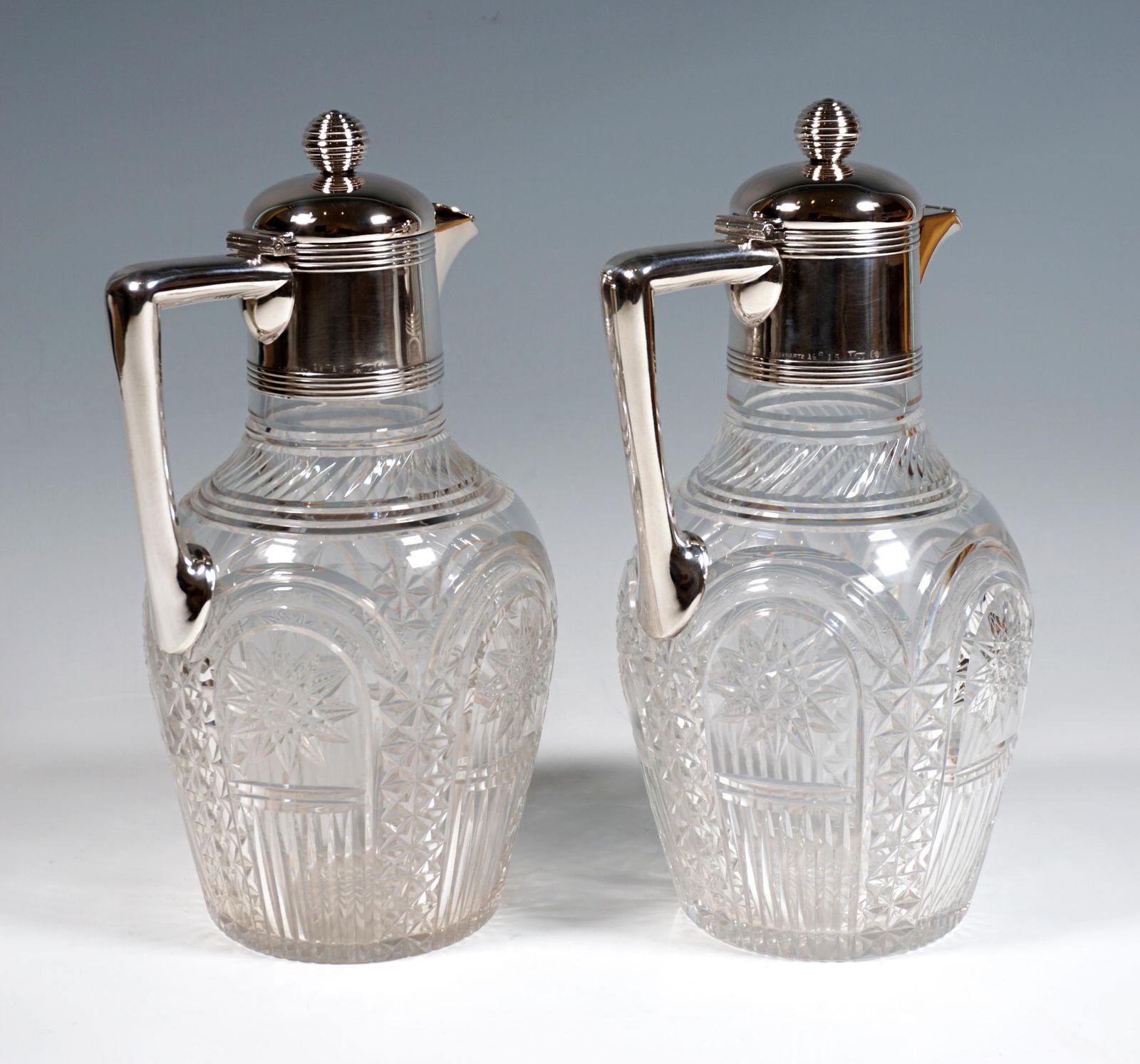 Pair Of Art Nouveau Glass Carafes With Silver Mounts, Koch & Bergfeld, Germany photo for sale