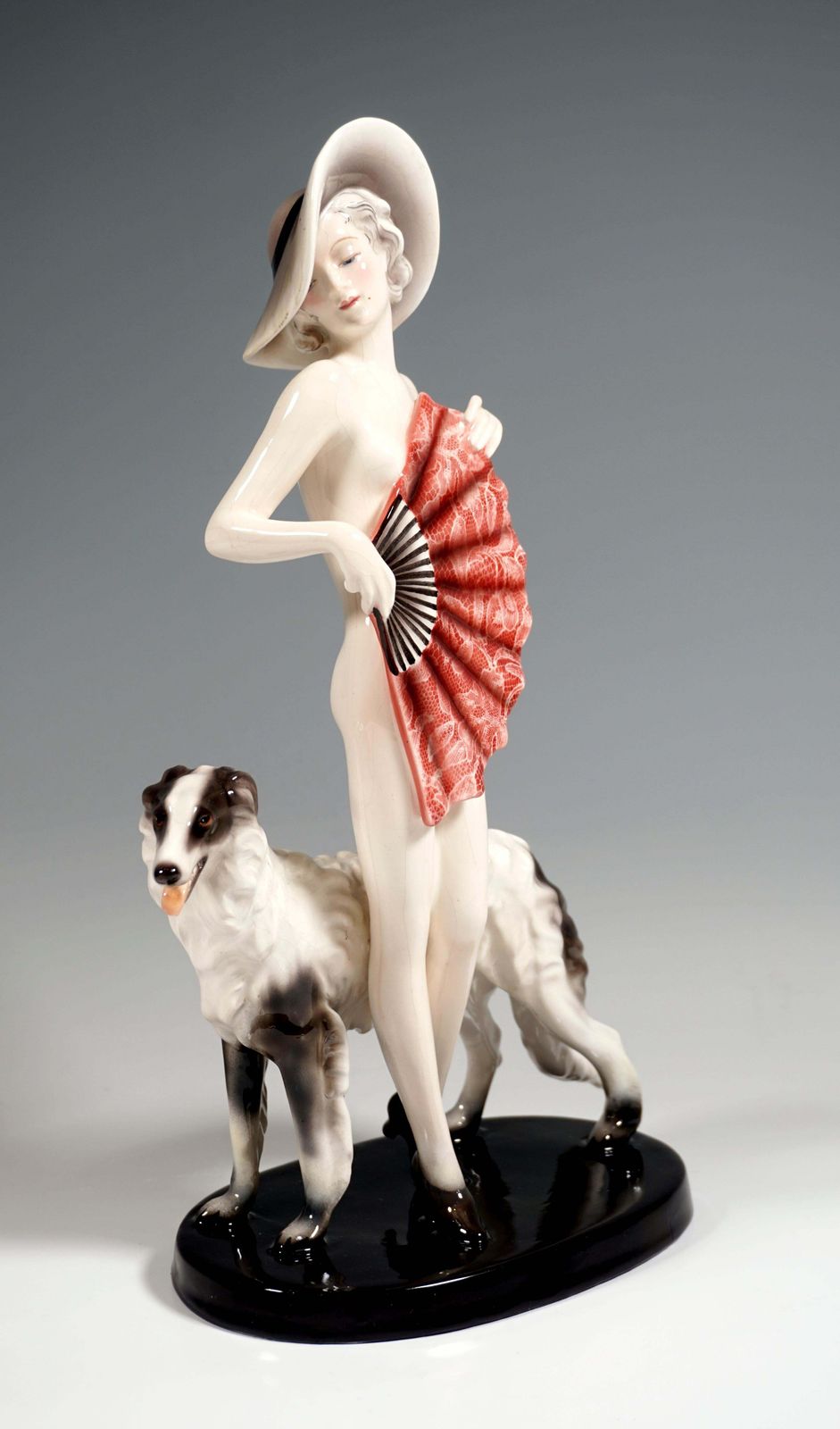 Goldscheider Vienna, Standing Nude With Large Fan, Hat & Barzoi, By Lorenzl 1937 photo furniture