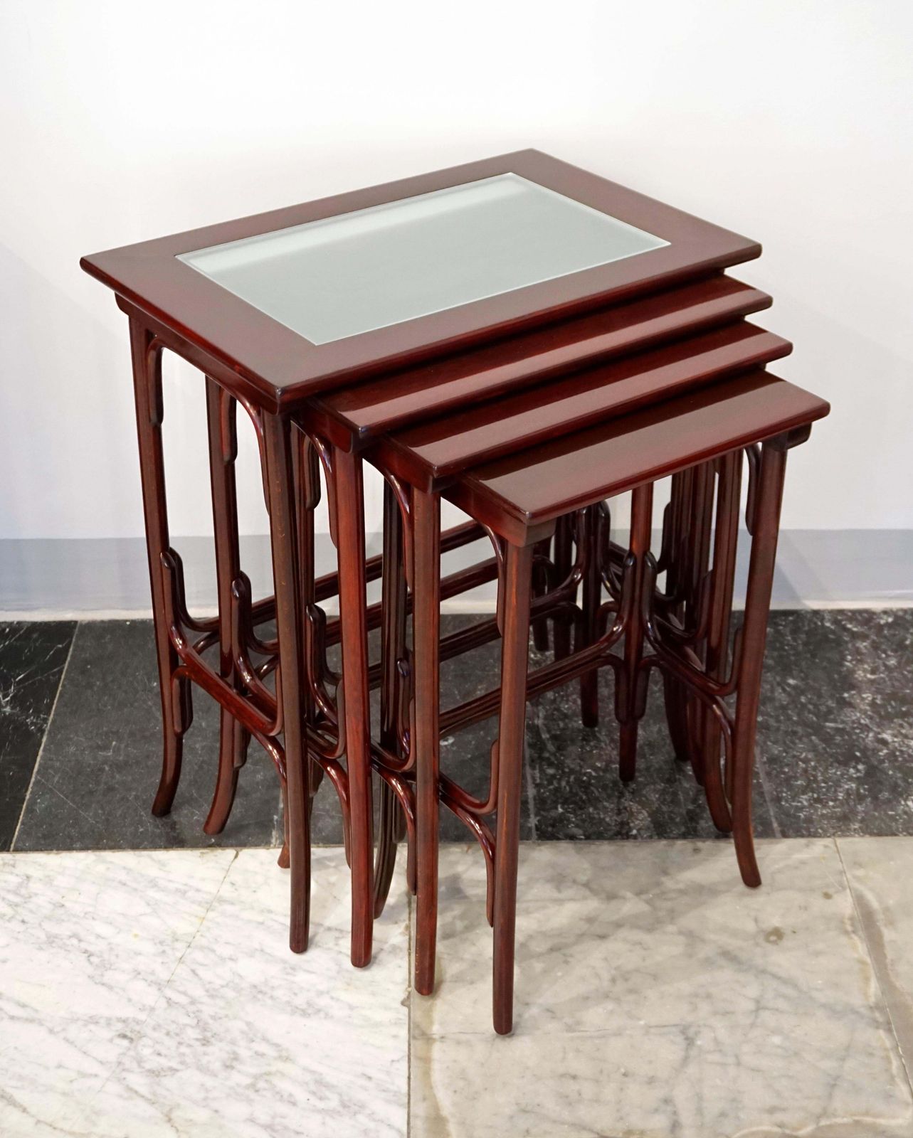 Thonet Vienna Art Nouveau Set Of Four Nesting Side Tables, Mahogany Stained photo furniture