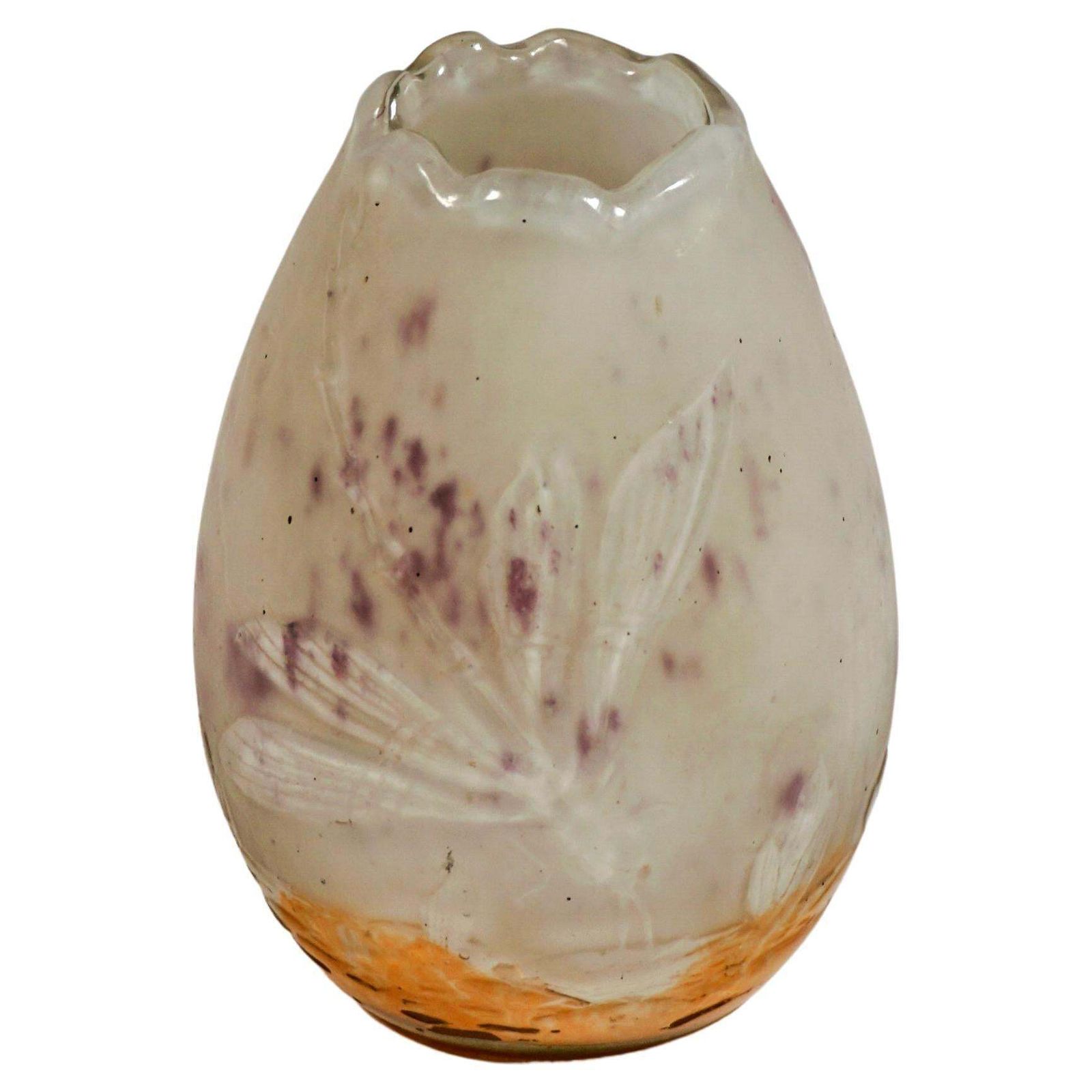 Daum Nancy Art Nouveau Cameo Egg Shaped Vase With Dragonfly Decor, France C 1895