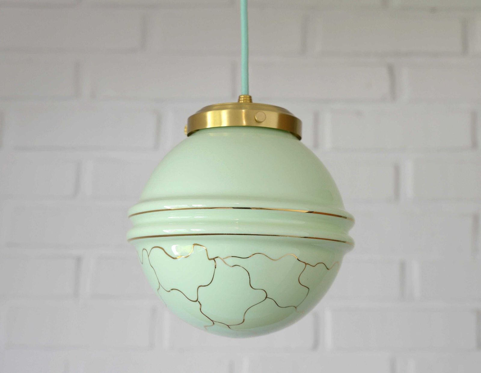 Redesign Pendant Lamp / Ceiling Light / Art Deco / Mint Green Hand Blown Glass / Light Fixture / Hanging Lamp / Antique Lamp / Old Lighting