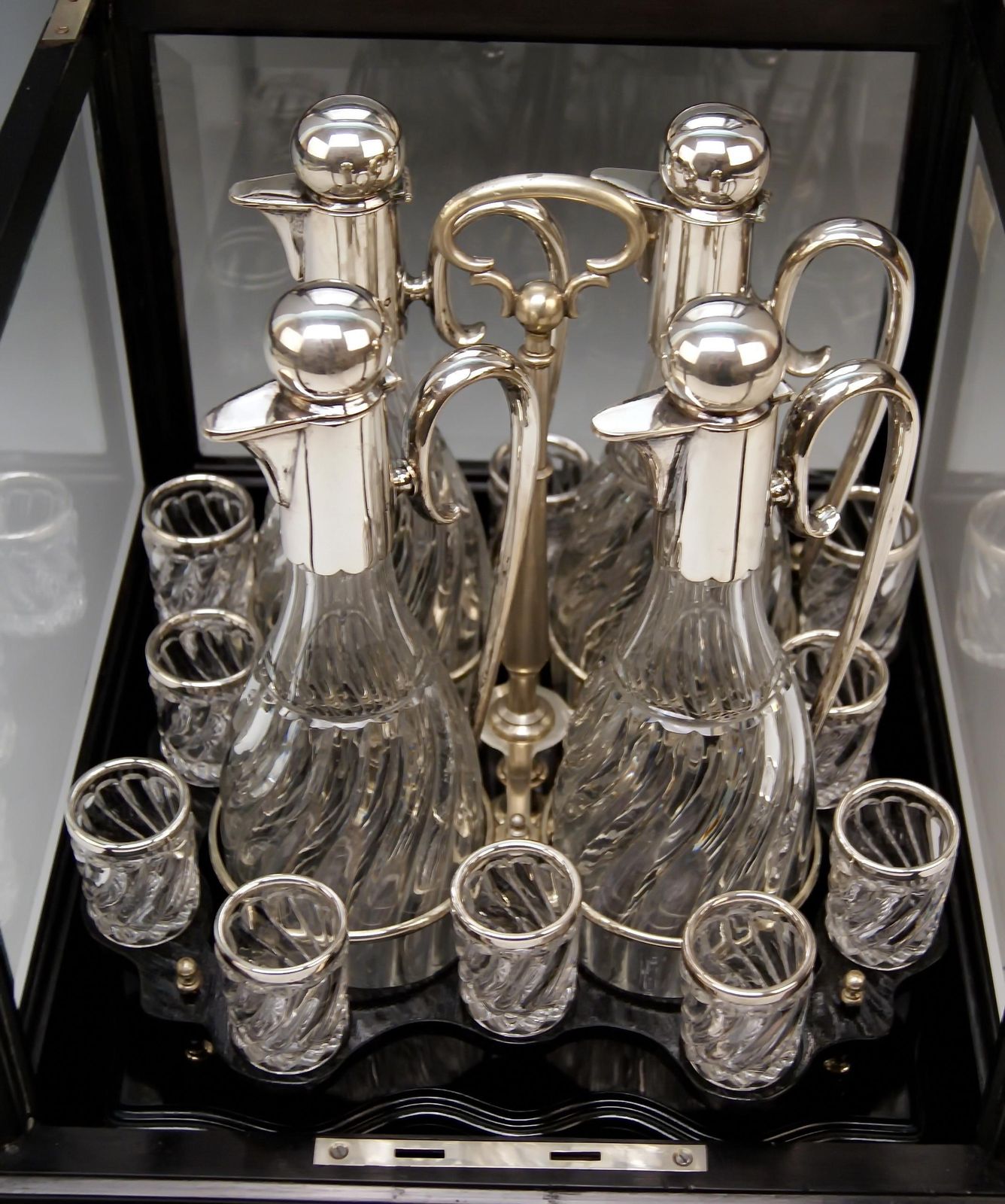 Silver Vienna Liqueur Set Decanters Glasses Sixteen Pieces Showcase Made 1905 photo for sale