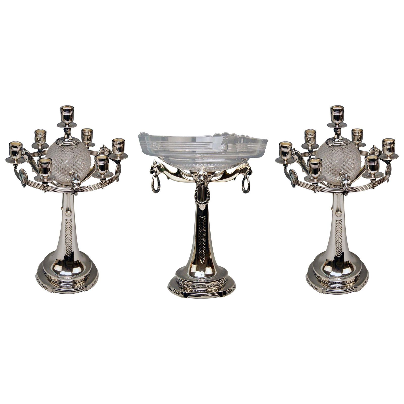 Three Part Table Set Centerpiece Pair Of Candelabras Silver Plated, Germany 1915