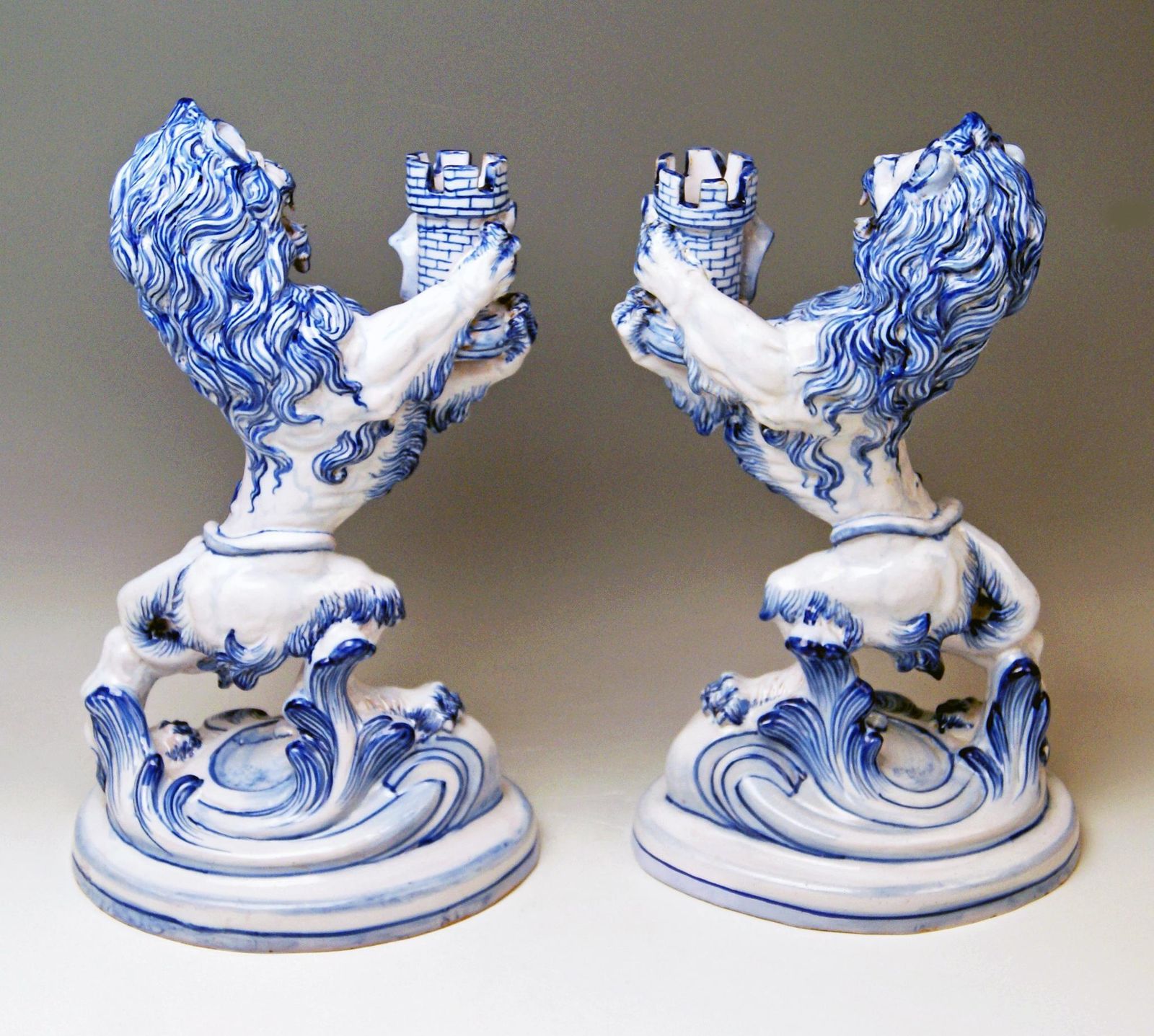 Pair Of Galle Nancy St. Clement Faience Walking & Roaring Lions Gallé Circa 1892 photo for sale