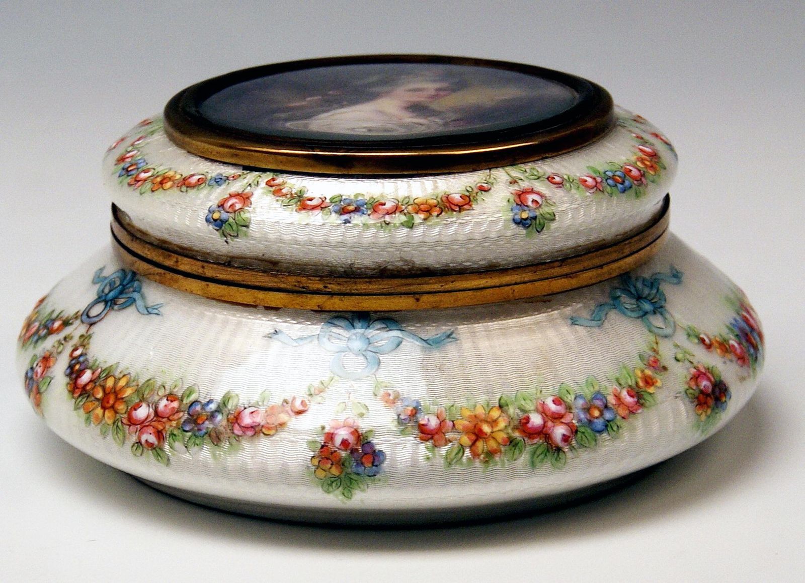 Enamel Box Gilt Inside Painted Flowers Garlands Lady's Portrait, France photo furniture