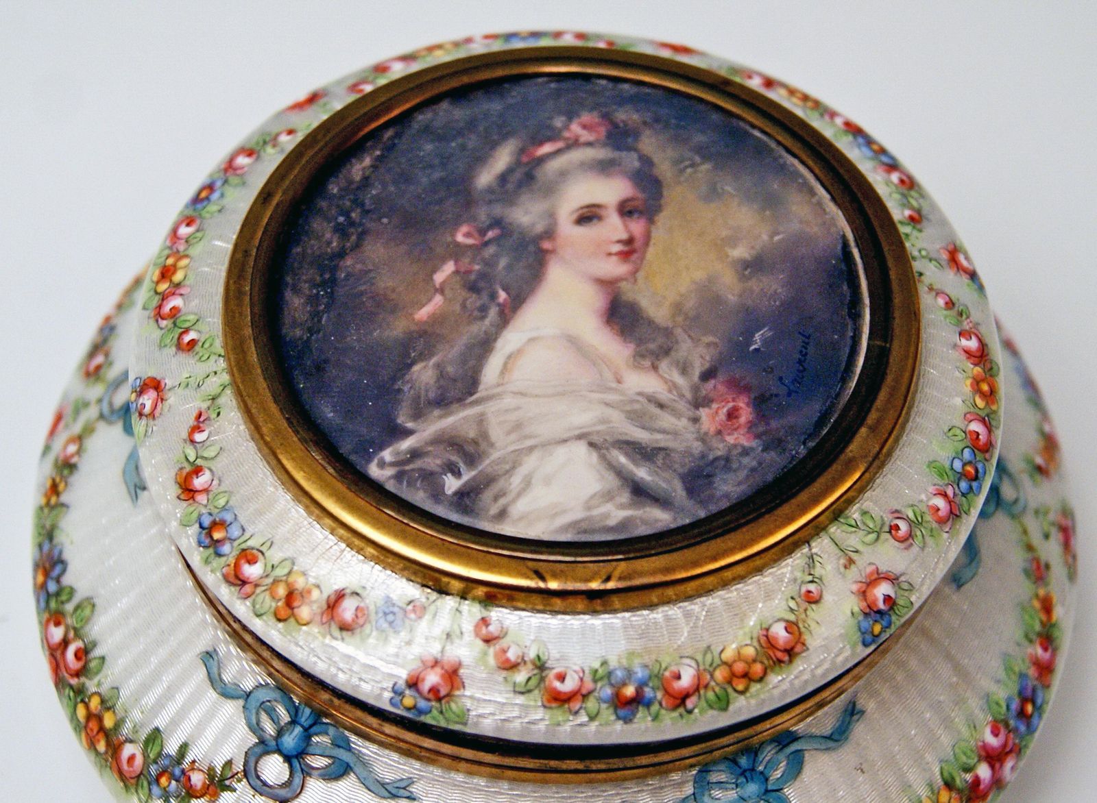 Enamel Box Gilt Inside Painted Flowers Garlands Lady's Portrait, France photo Home Decor
