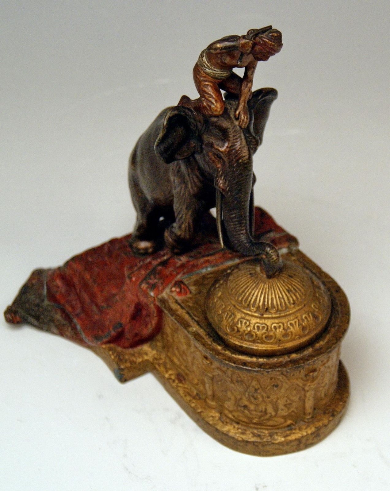 Vienna Bergman Bronze Indian Man On Elephant Inkstand Inkwell Inkpot, Circa 1880 photo vinterior