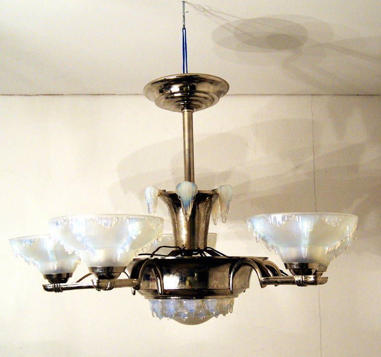Elegant Art Deco French Chandelier White Frosted Glass France Made C. 1930 photo furniture